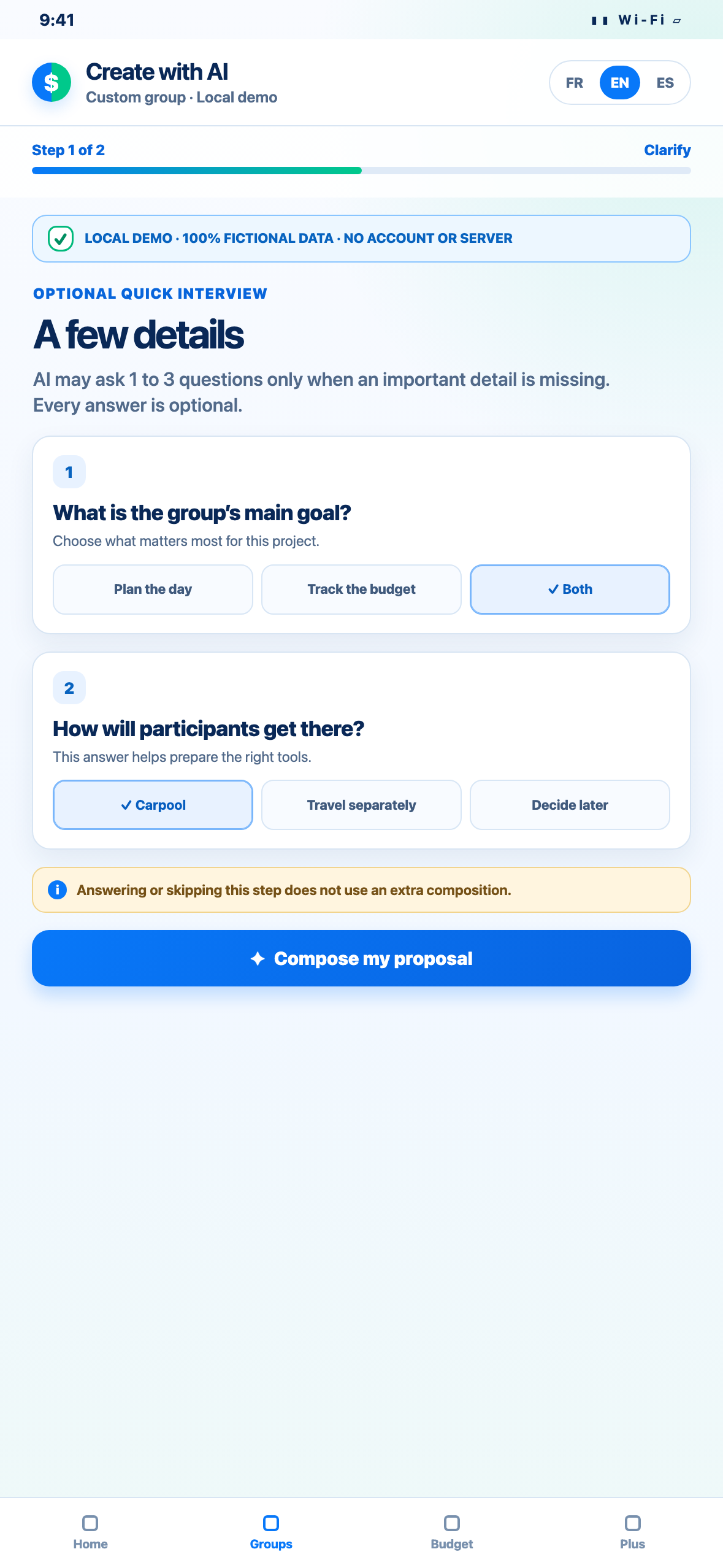 Phone-sized local Web demonstration of optional AI clarification questions for a fictional custom group