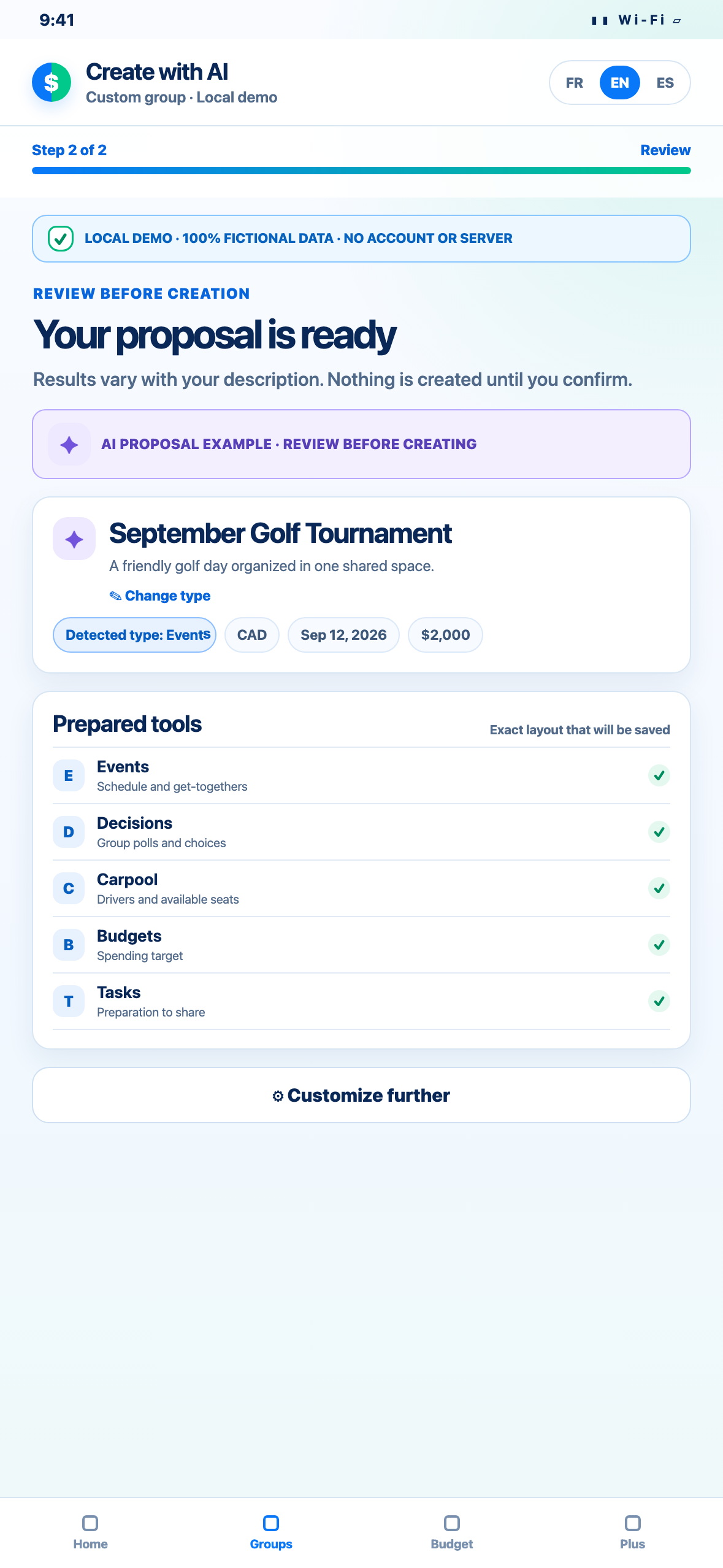 Phone-sized local Web demonstration of a fictional AI group proposal with detected type, tools, lists and tasks