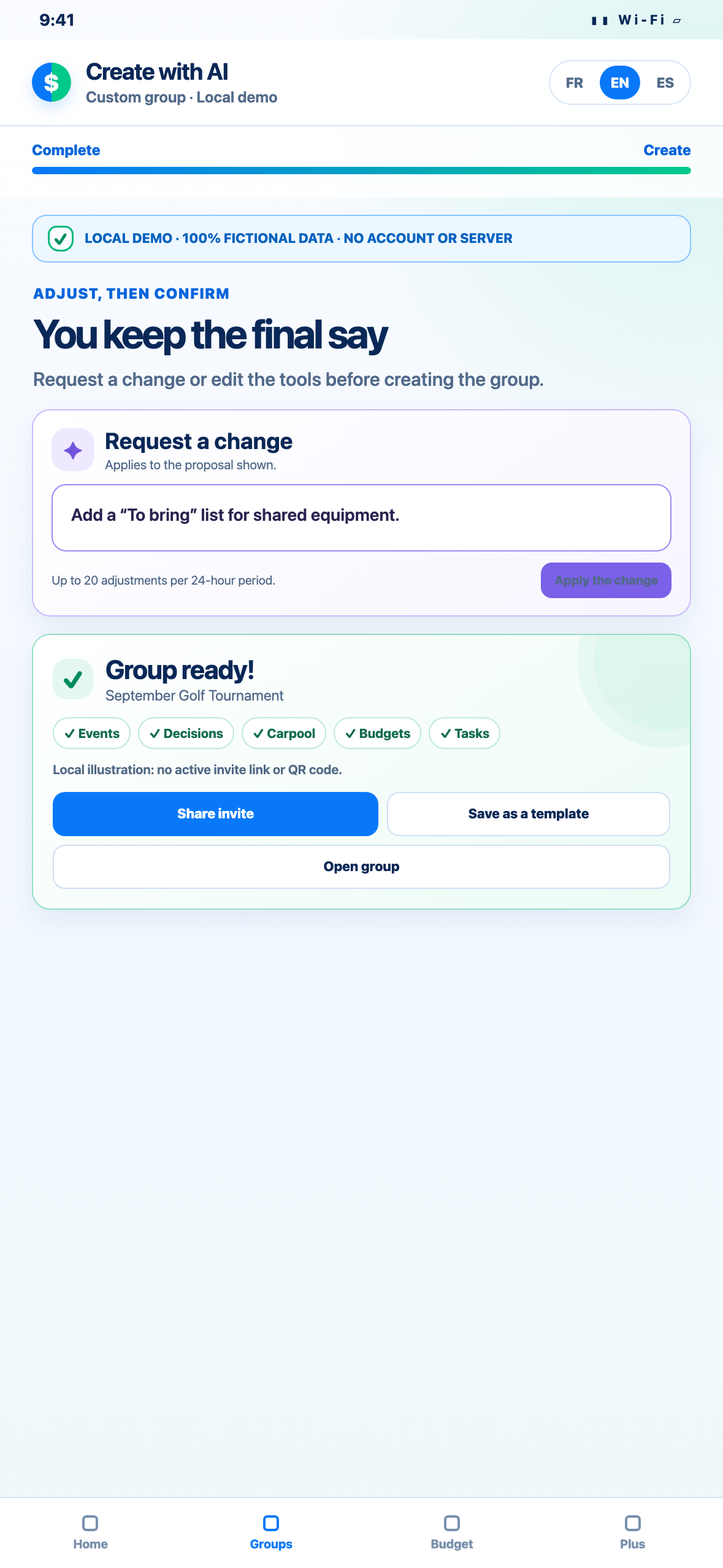 Phone-sized local Web demonstration of customizing and confirming a fictional AI-created PartaBill group