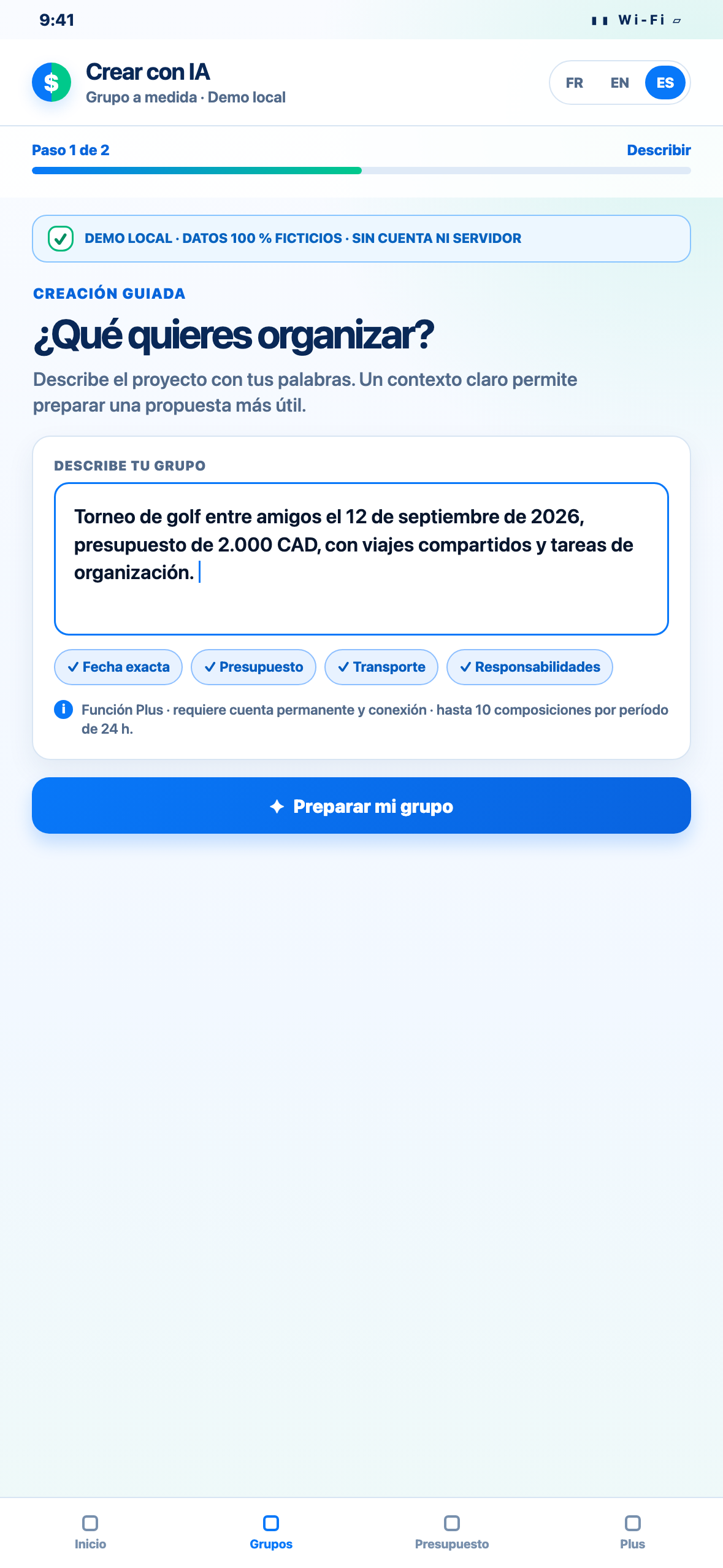 Demostración Web local en formato de teléfono de una descripción ficticia para crear un grupo con IA