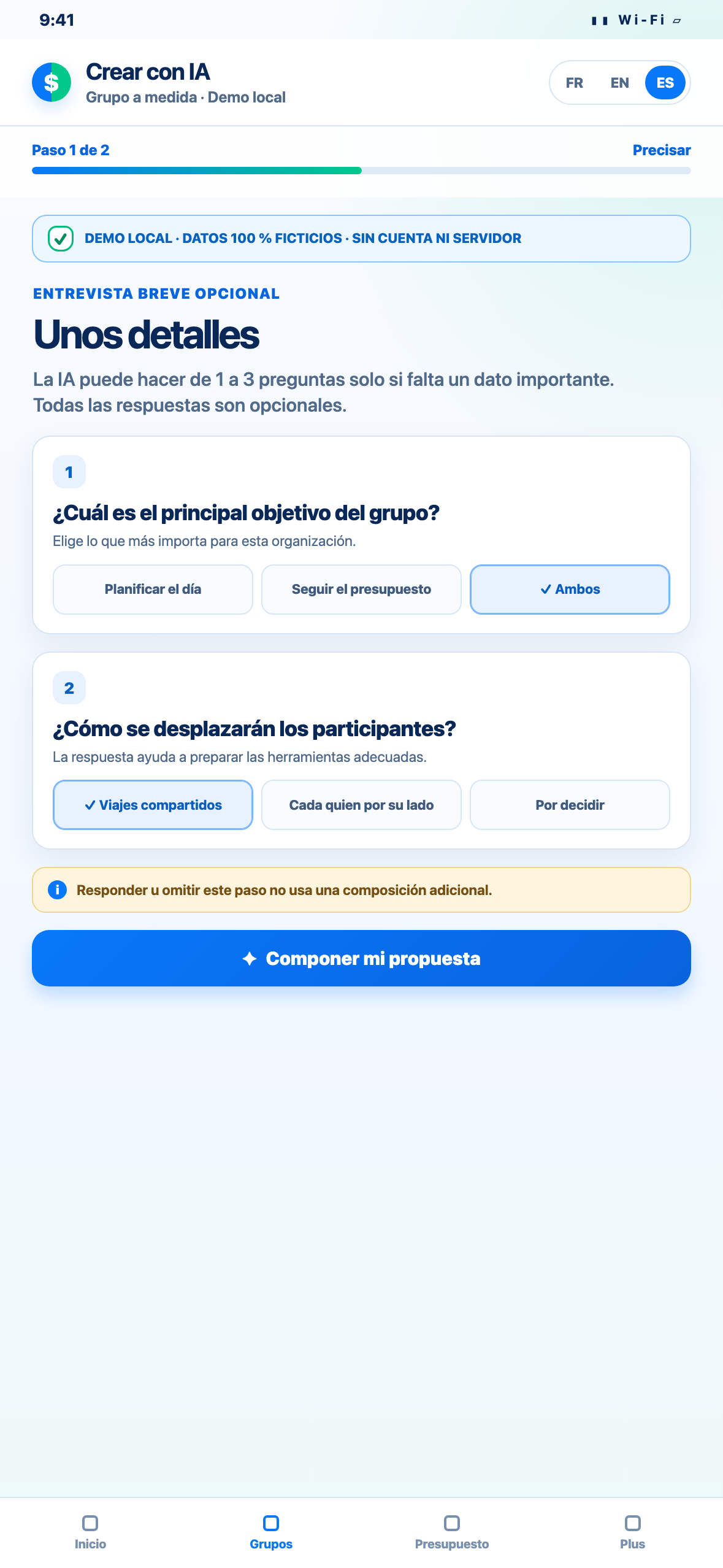 Demostración Web local en formato de teléfono de preguntas opcionales formuladas antes de una propuesta de grupo