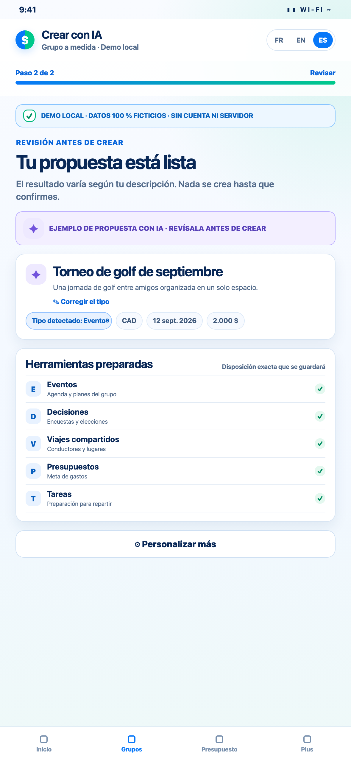 Demostración Web local en formato de teléfono de una propuesta de grupo con tipo, herramientas, listas y tareas