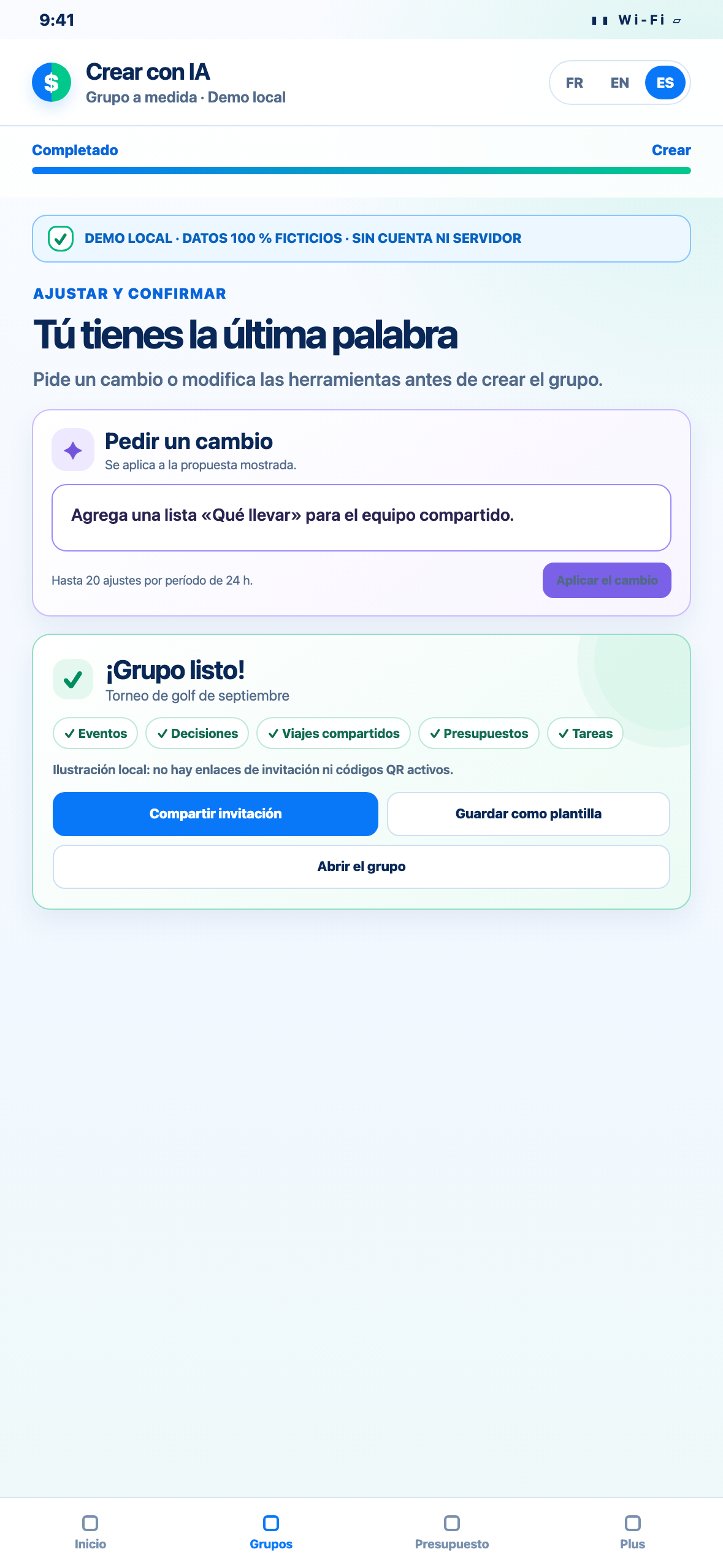Demostración Web local en formato de teléfono de la personalización final y confirmación de un grupo ficticio