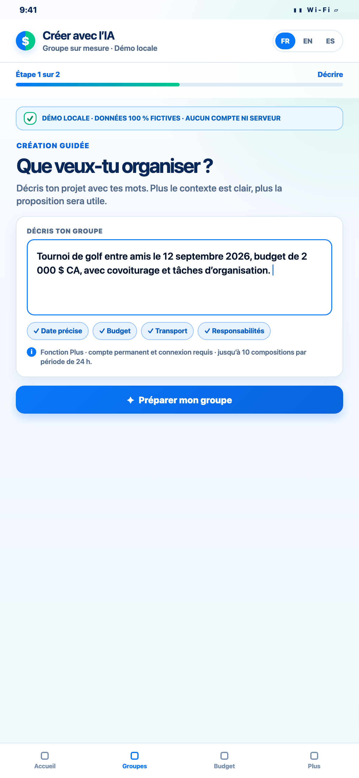 Démonstration Web locale au format téléphone d’un tournoi de golf fictif décrit dans l’écran Créer avec l’IA