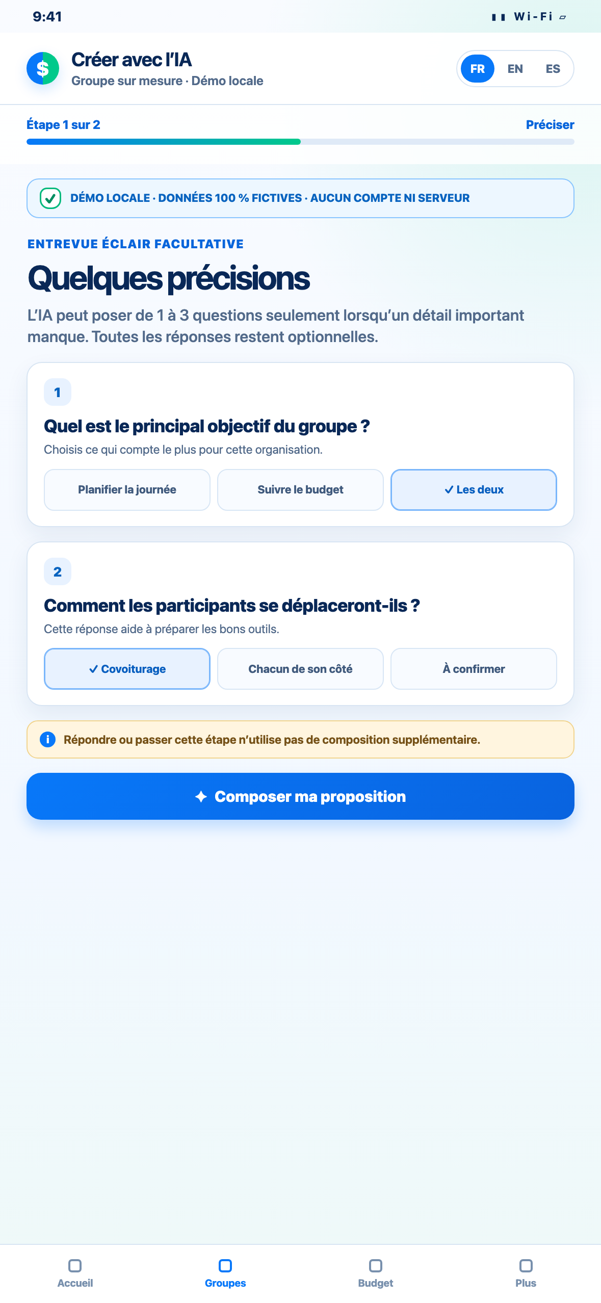 Démonstration Web locale au format téléphone de questions facultatives posées avant la composition d’un groupe fictif