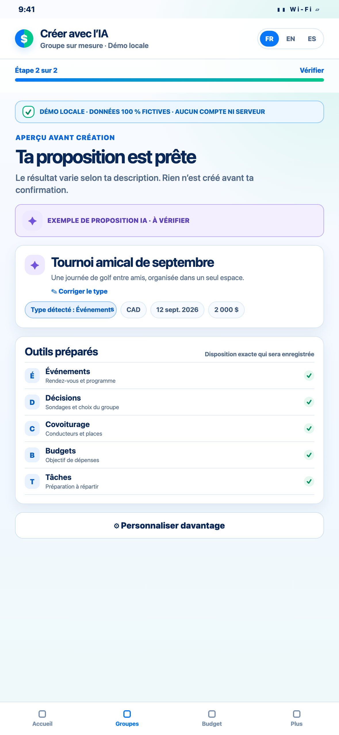 Démonstration Web locale au format téléphone d’une proposition de groupe à vérifier avec type, dates, budget, outils, listes et tâches
