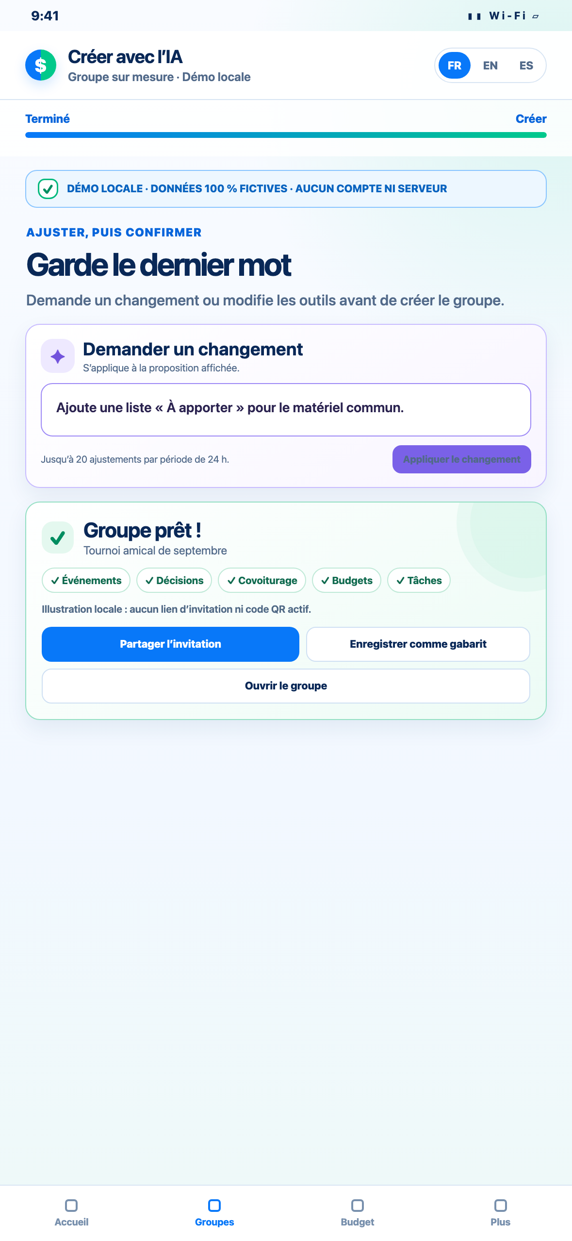 Démonstration Web locale au format téléphone de la personnalisation des outils et du bouton Créer ce groupe