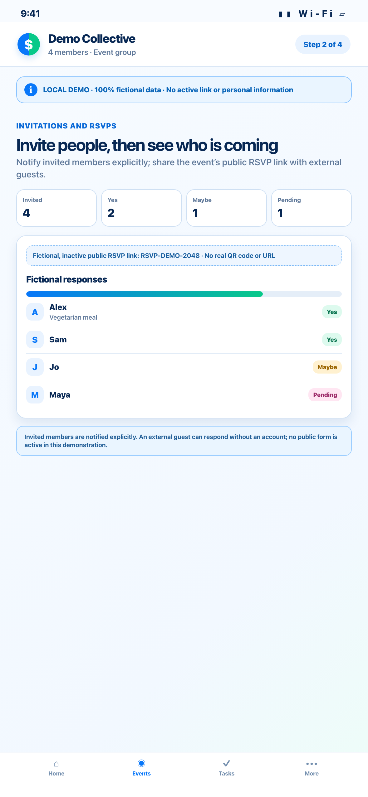 Phone-sized local Web demonstration of fictional event invitations and RSVP responses