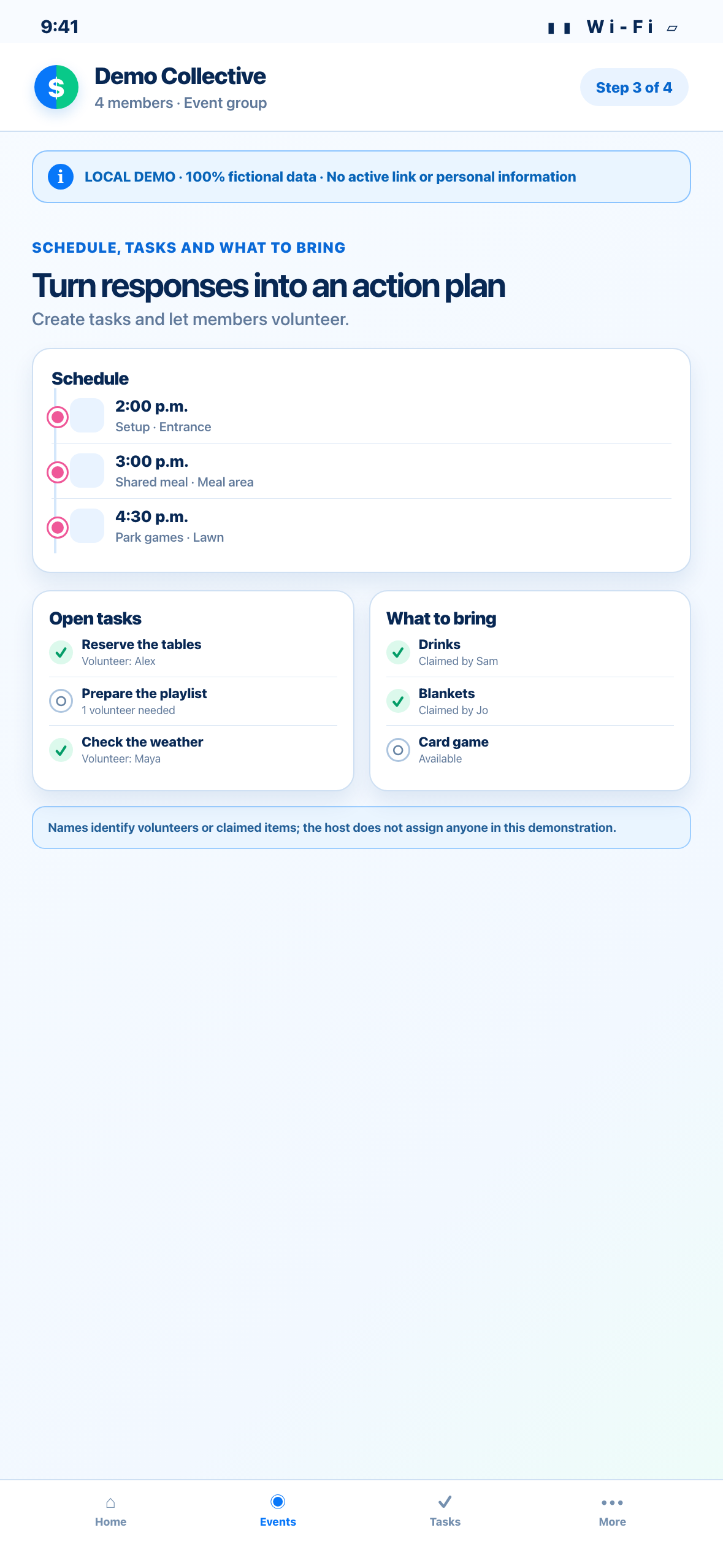 Phone-sized local Web demonstration of a fictional event schedule, tasks and who-brings-what list