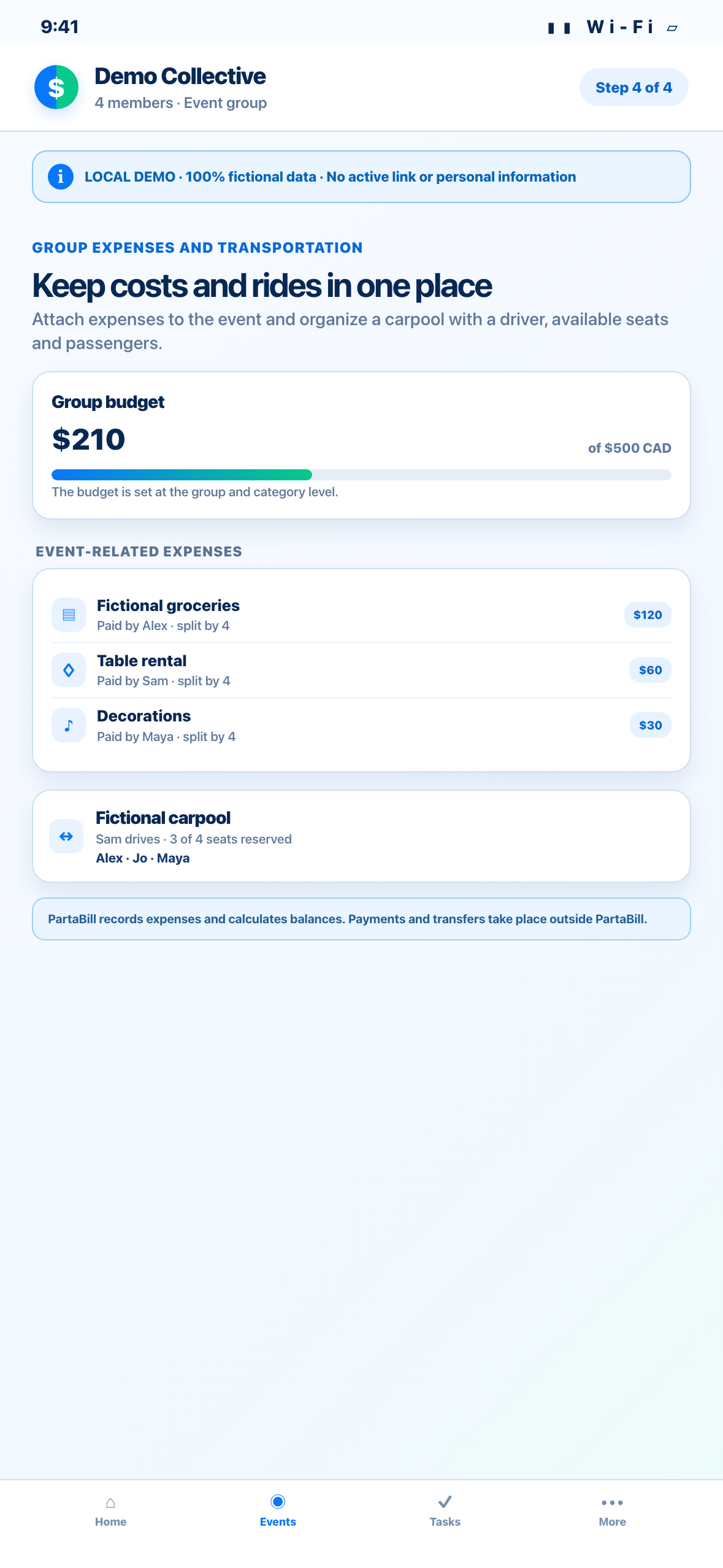 Phone-sized local Web demonstration of fictional expenses and carpool rides connected to an event