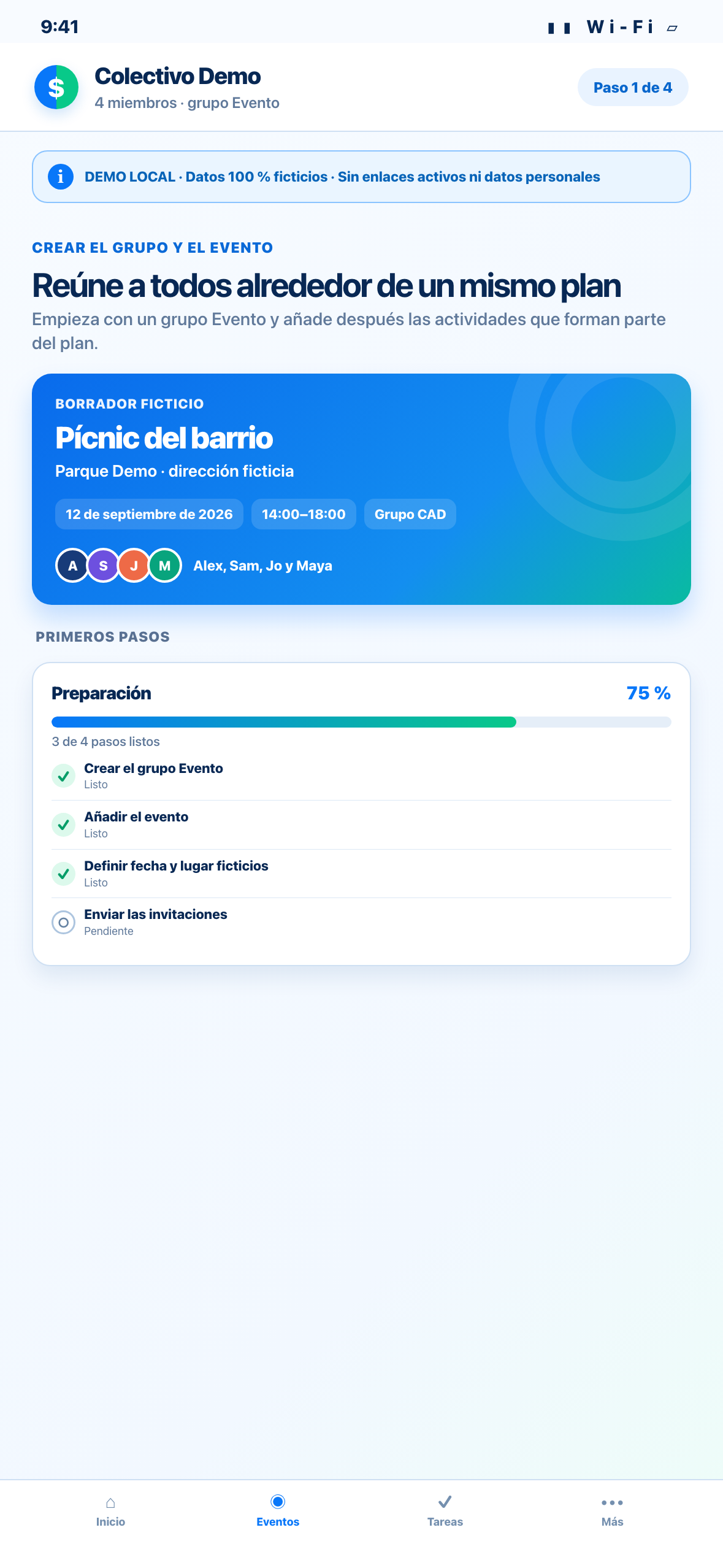 Demostración Web local en formato de teléfono de un evento ficticio con fecha, lugar, zona horaria y visibilidad