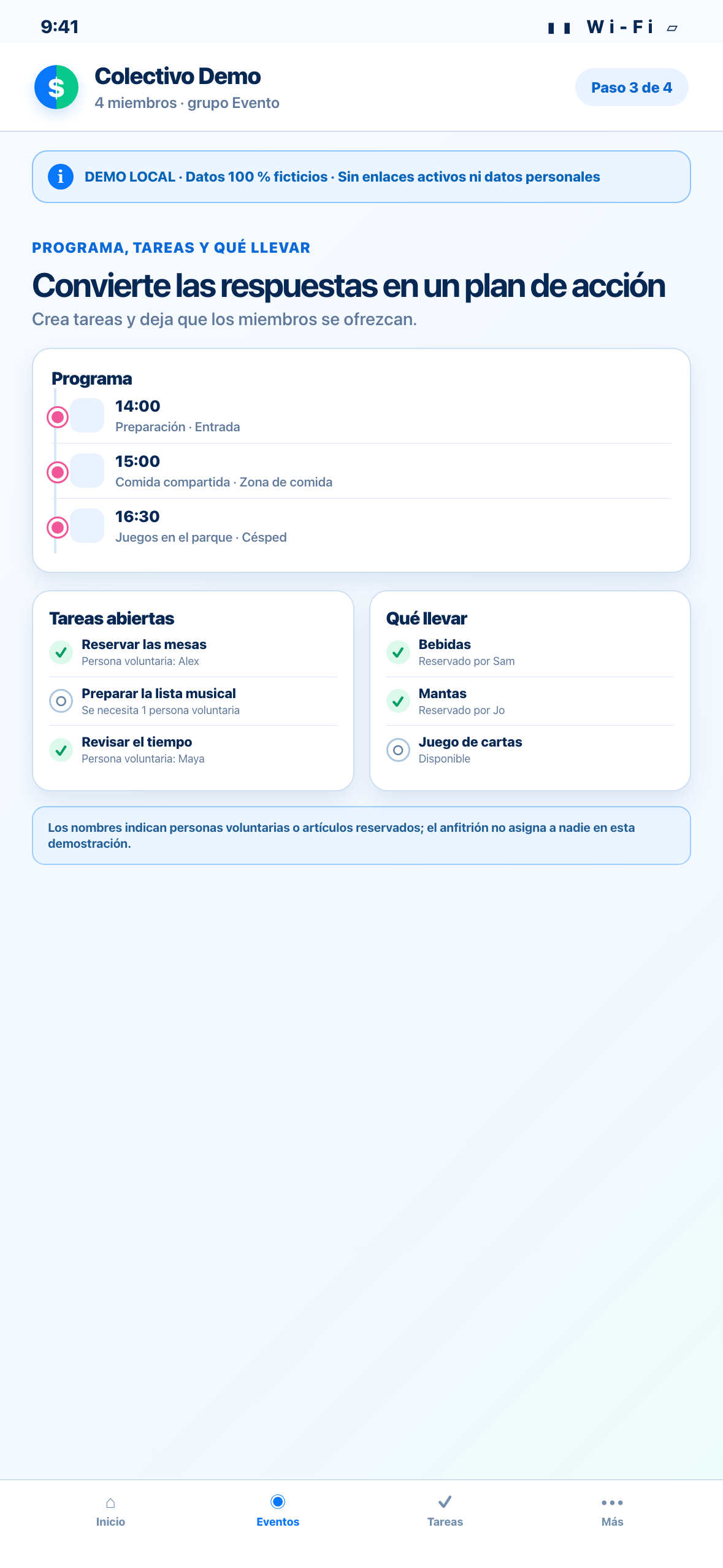 Demostración Web local en formato de teléfono de un programa, tareas y una lista ficticia de qué lleva cada persona