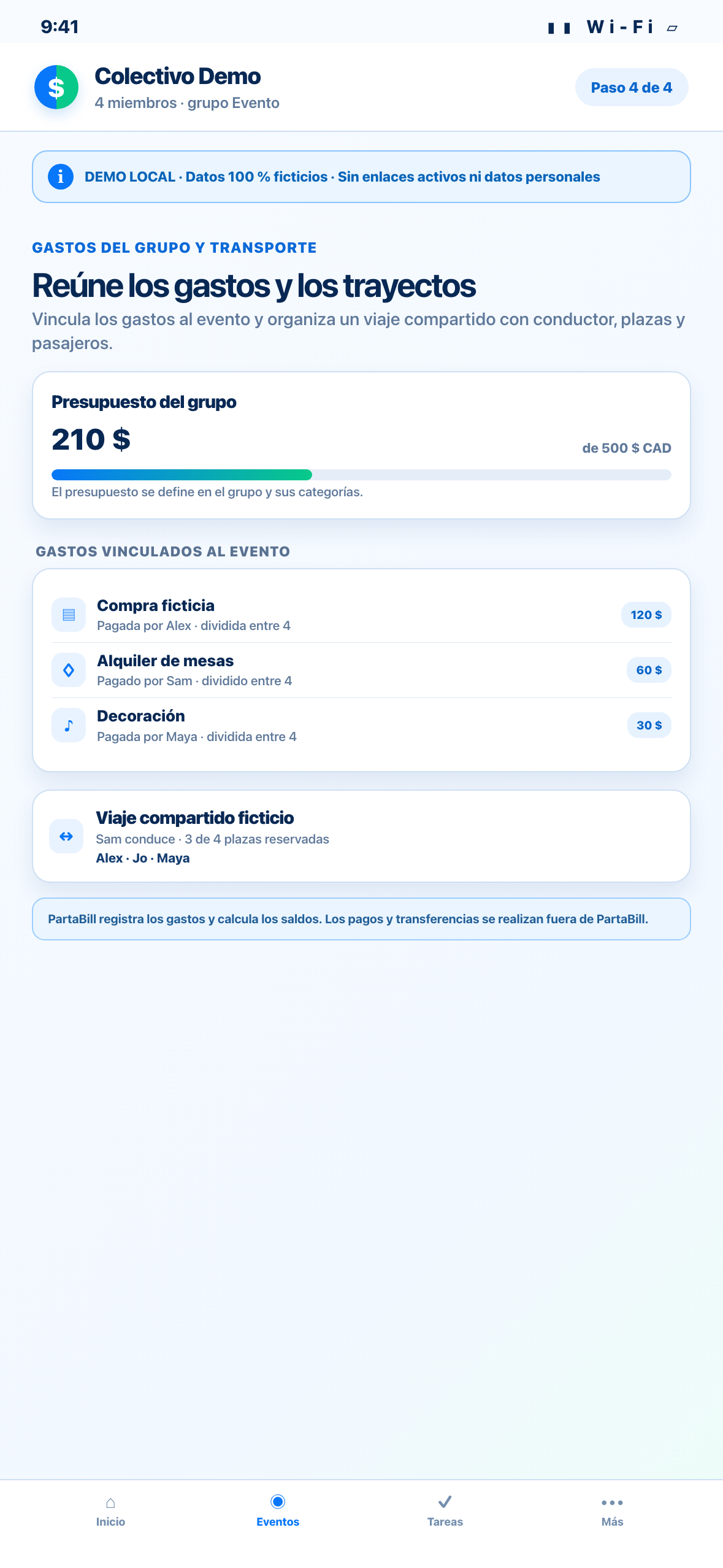 Demostración Web local en formato de teléfono de gastos y trayectos compartidos ficticios vinculados a un evento