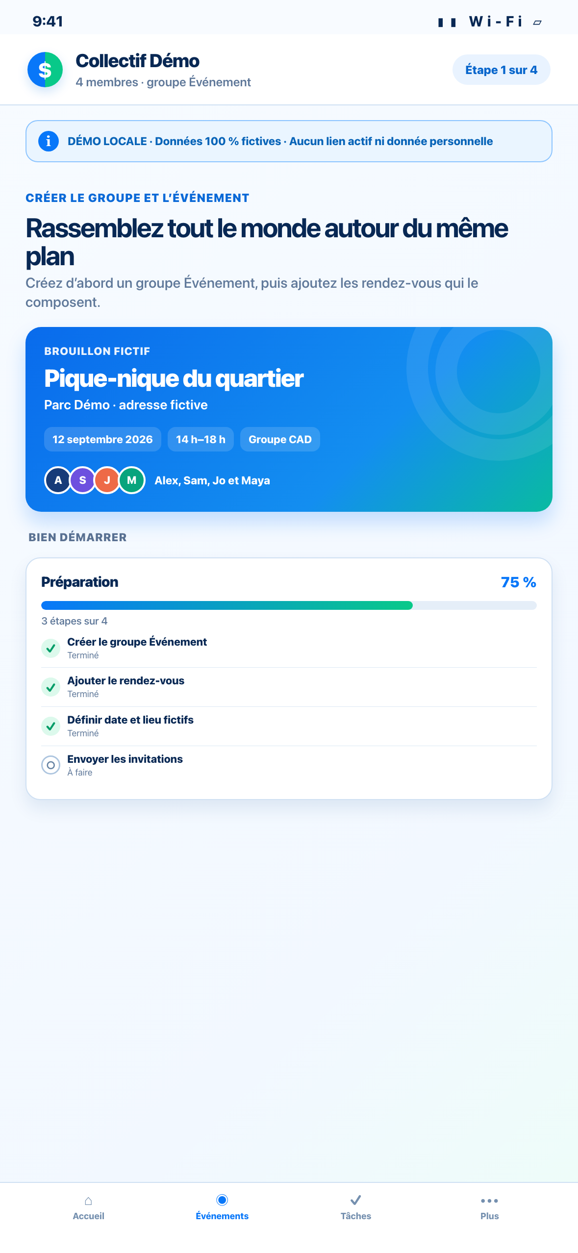 Démonstration Web locale au format téléphone d’un événement fictif avec date, lieu, fuseau horaire et visibilité