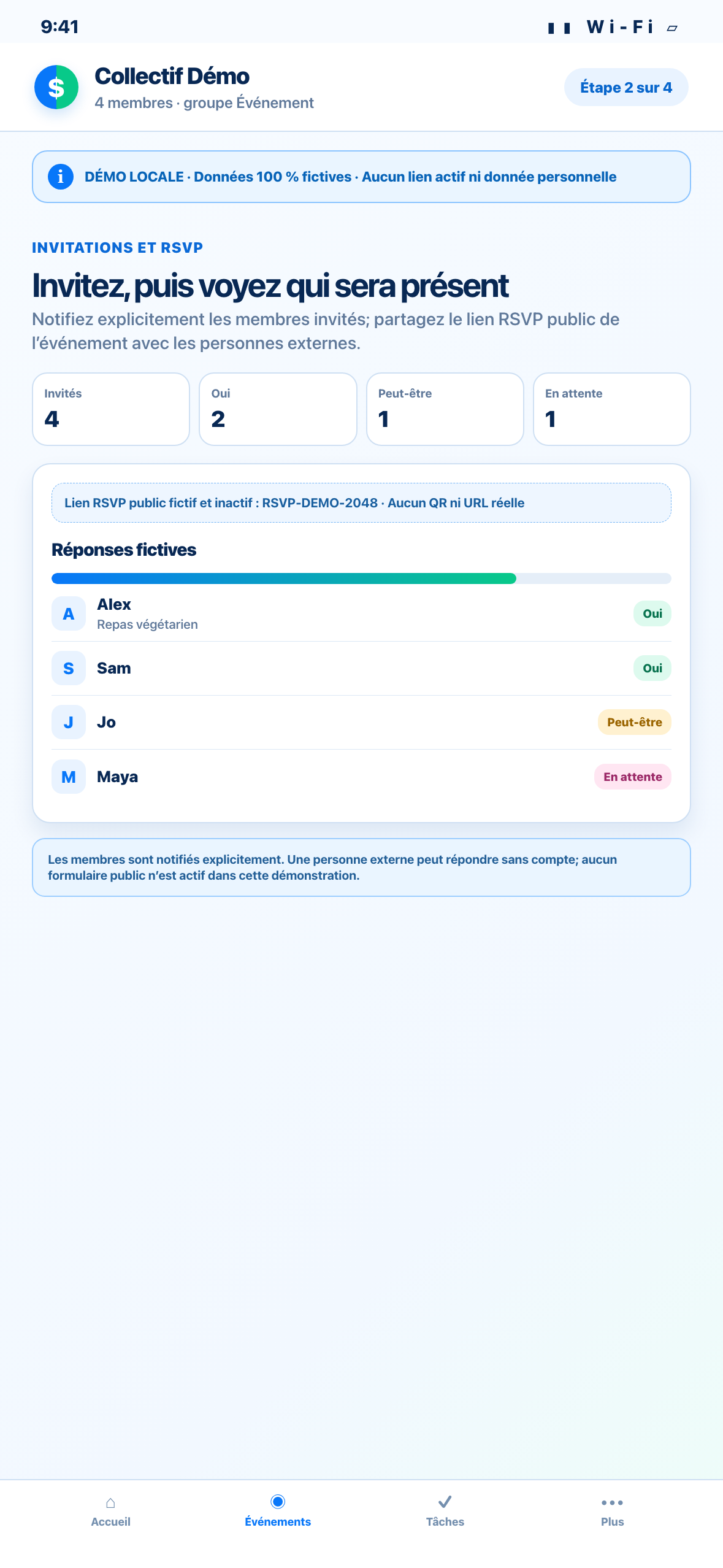 Démonstration Web locale au format téléphone d’invitations et de réponses RSVP fictives pour un événement