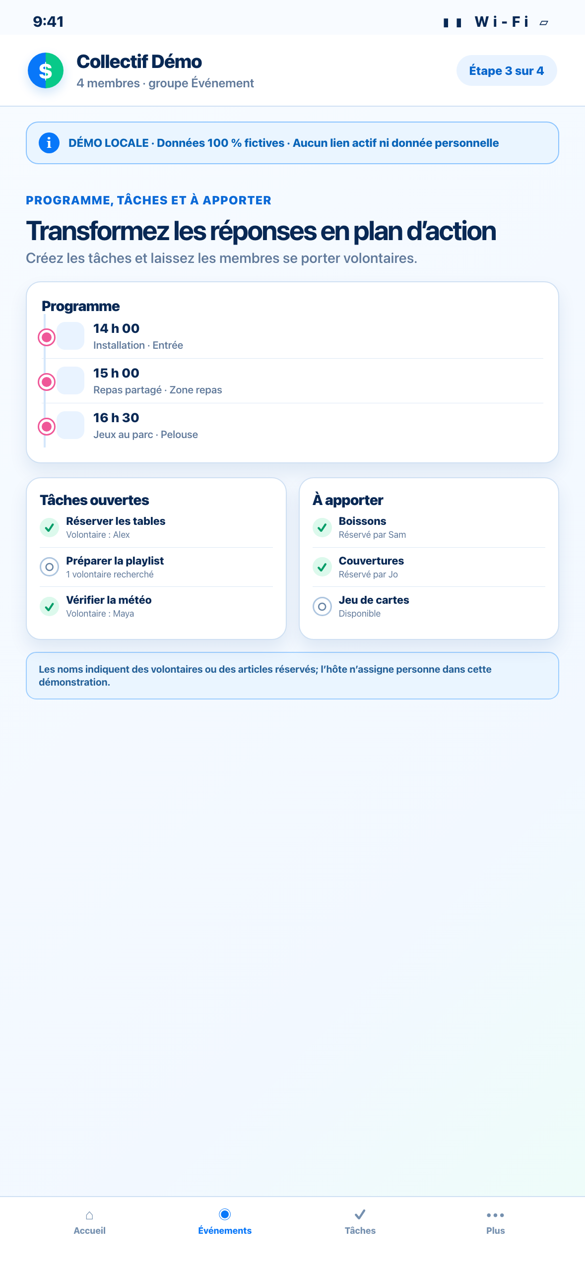 Démonstration Web locale au format téléphone d’un programme, de tâches et d’une liste qui apporte quoi fictifs