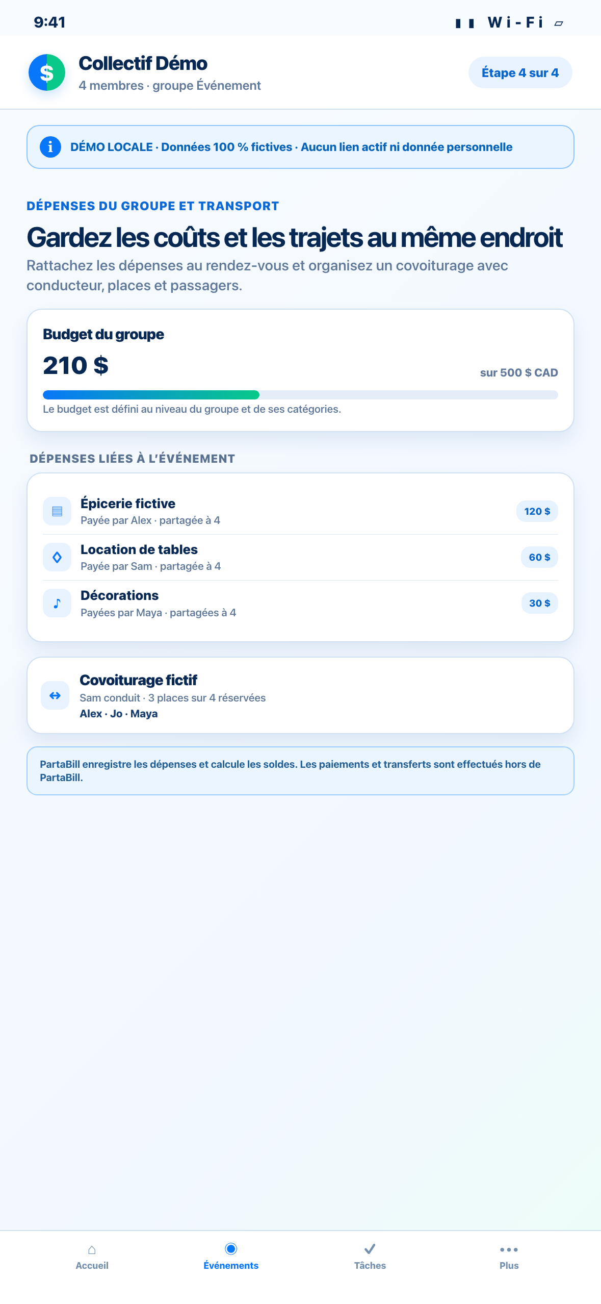 Démonstration Web locale au format téléphone de dépenses et de trajets de covoiturage fictifs liés à un événement