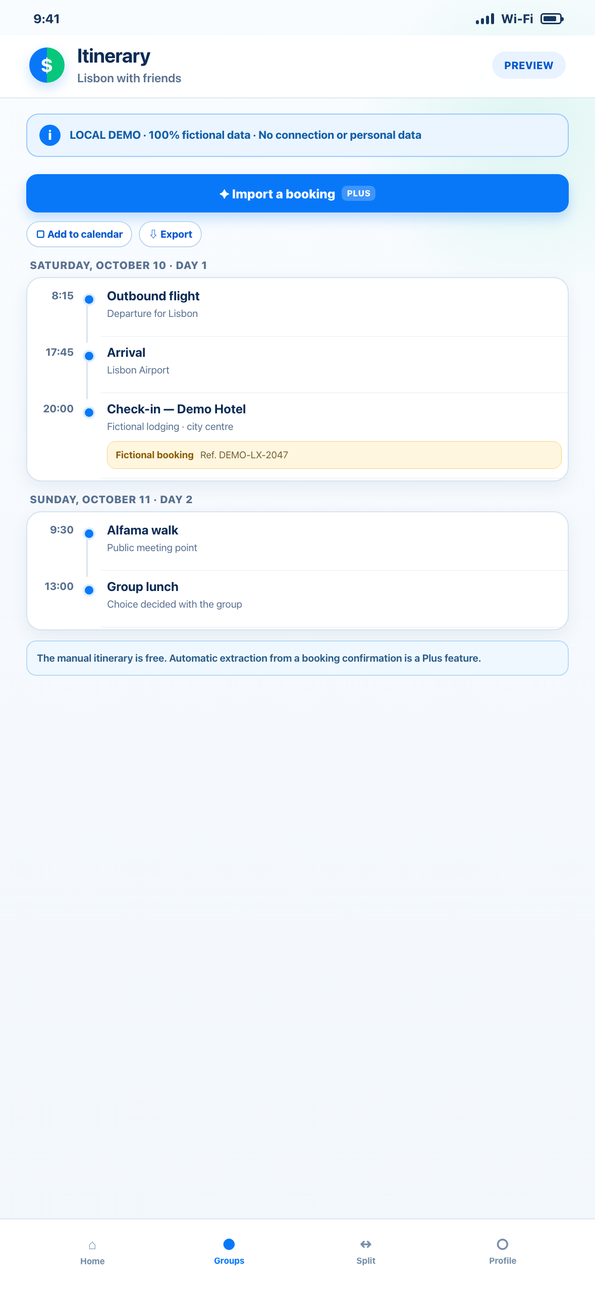 Phone-sized local Web demonstration showing a fictional day-by-day trip itinerary with transport, lodging and activity reservation references