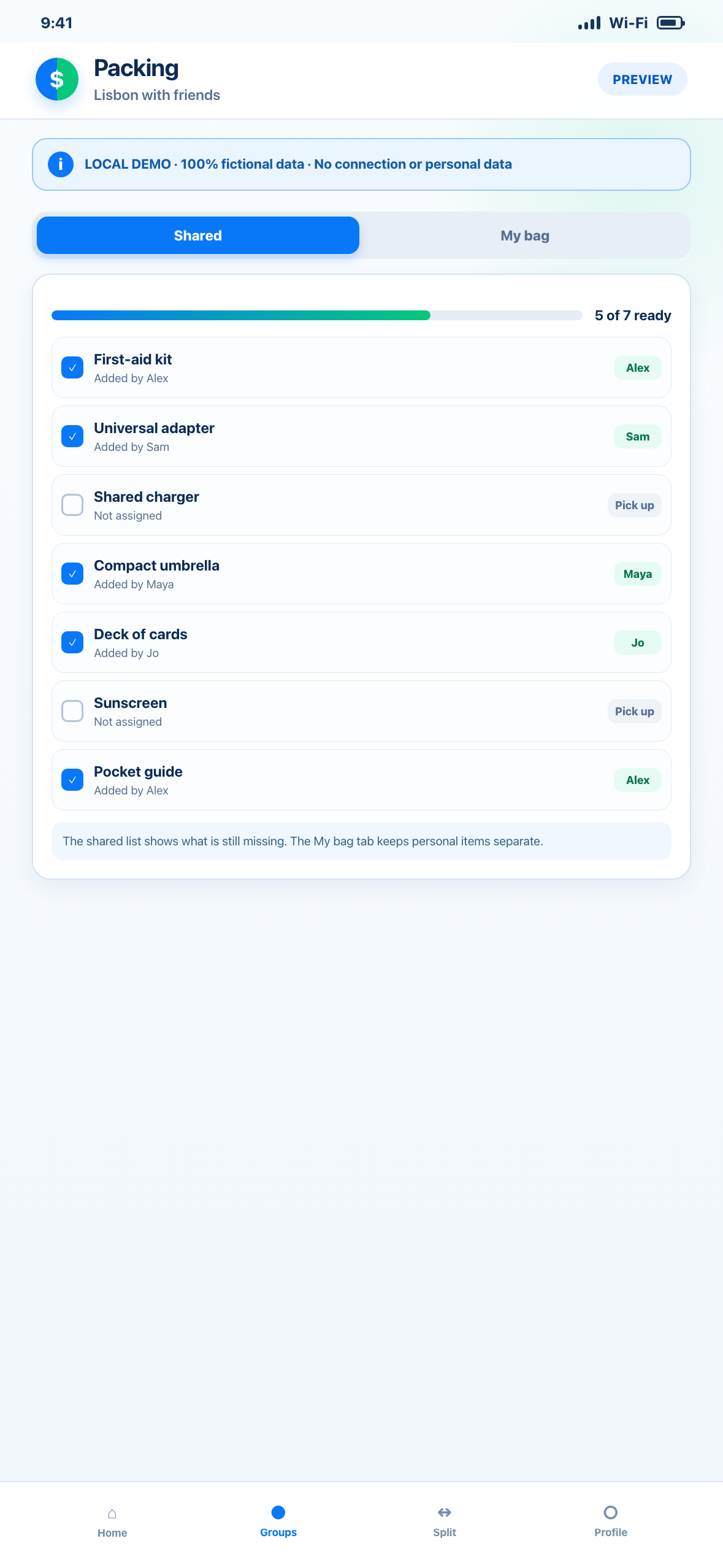 Phone-sized local Web demonstration showing fictional personal and shared packing lists with assigned group responsibilities