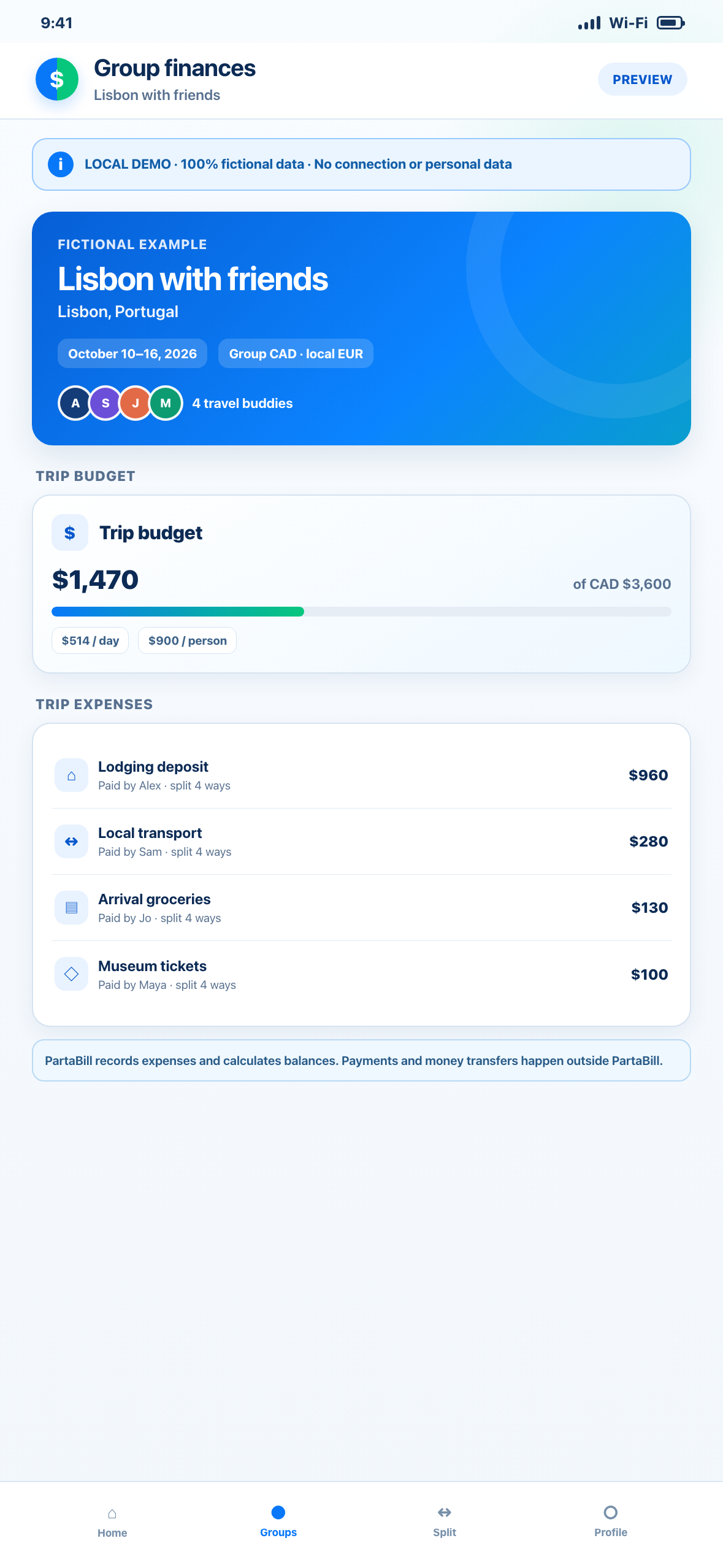 Phone-sized local Web demonstration showing fictional multi-currency travel expenses, individual shares and the remaining group budget