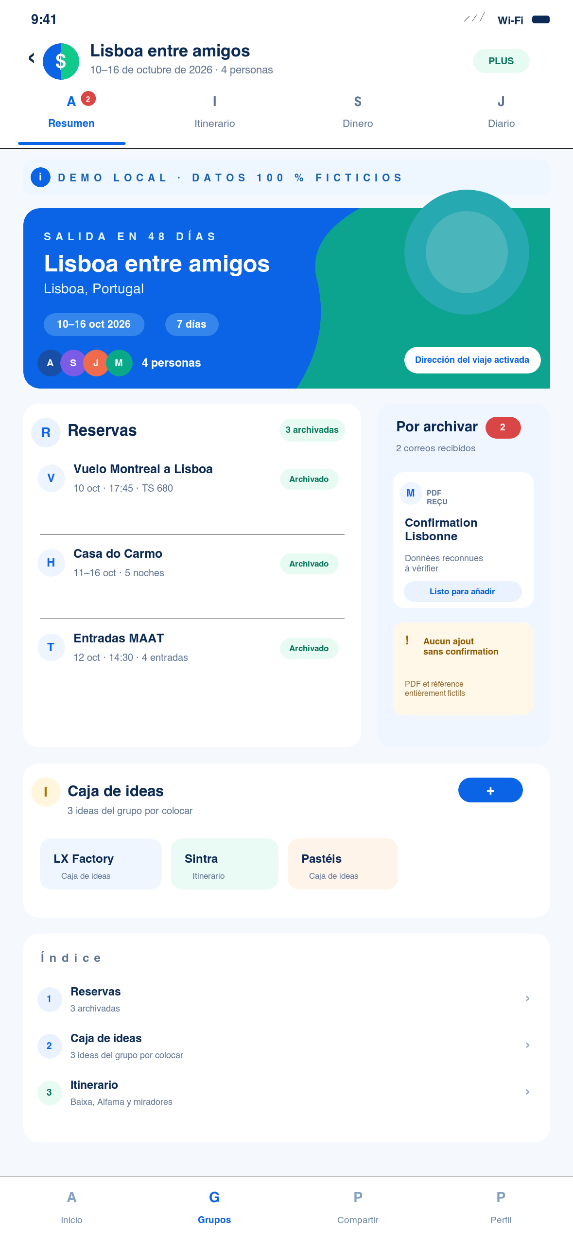 Resumen de un viaje ficticio a Lisboa con fechas, cuenta regresiva, reservas por archivar y caja de ideas