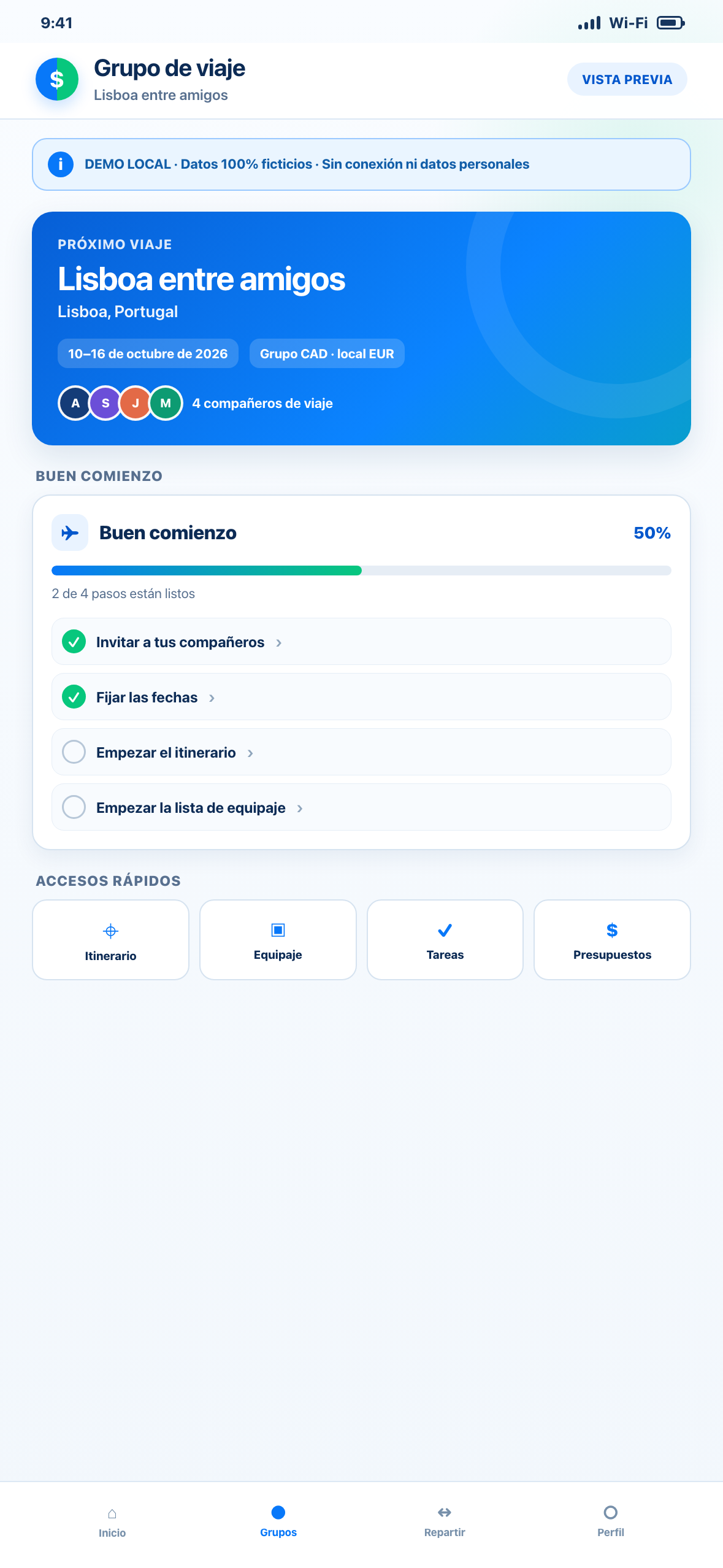 Demostración Web local en formato de teléfono de un viaje en grupo ficticio con fechas, participantes, destino y objetivo de presupuesto