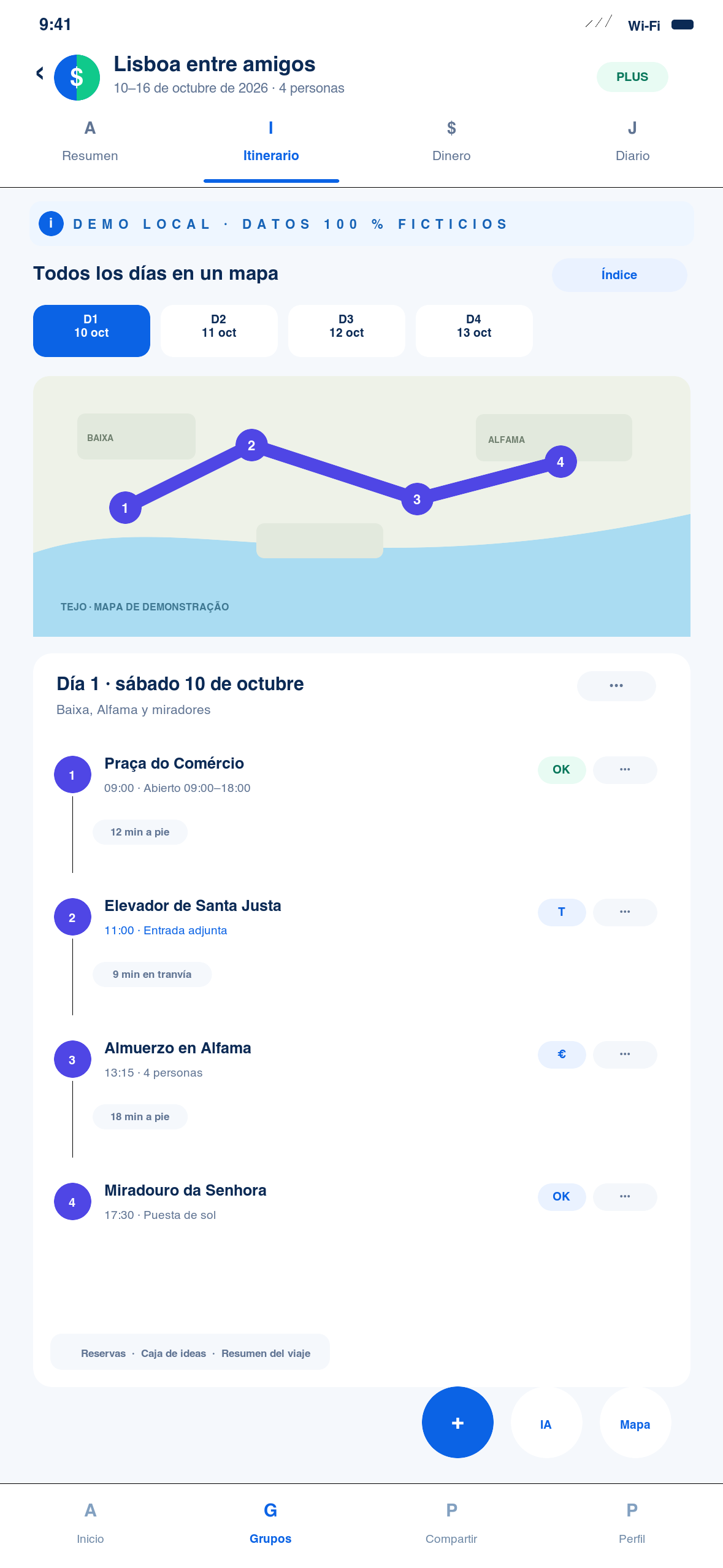 Itinerario ficticio por Lisboa con mapa del viaje completo, días de distintos colores y paradas numeradas