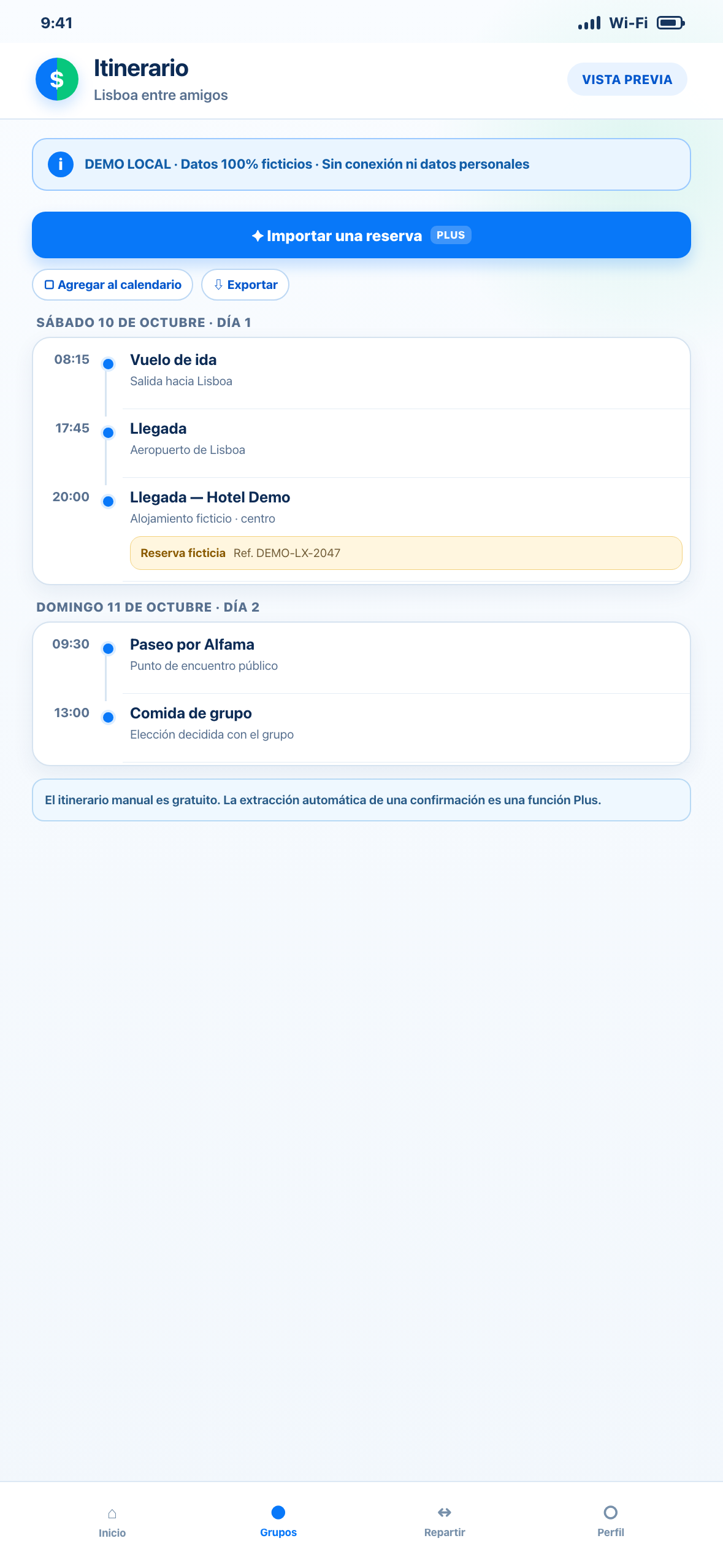 Demostración Web local en formato de teléfono de un itinerario ficticio por días con transporte, alojamiento y referencias de reservas