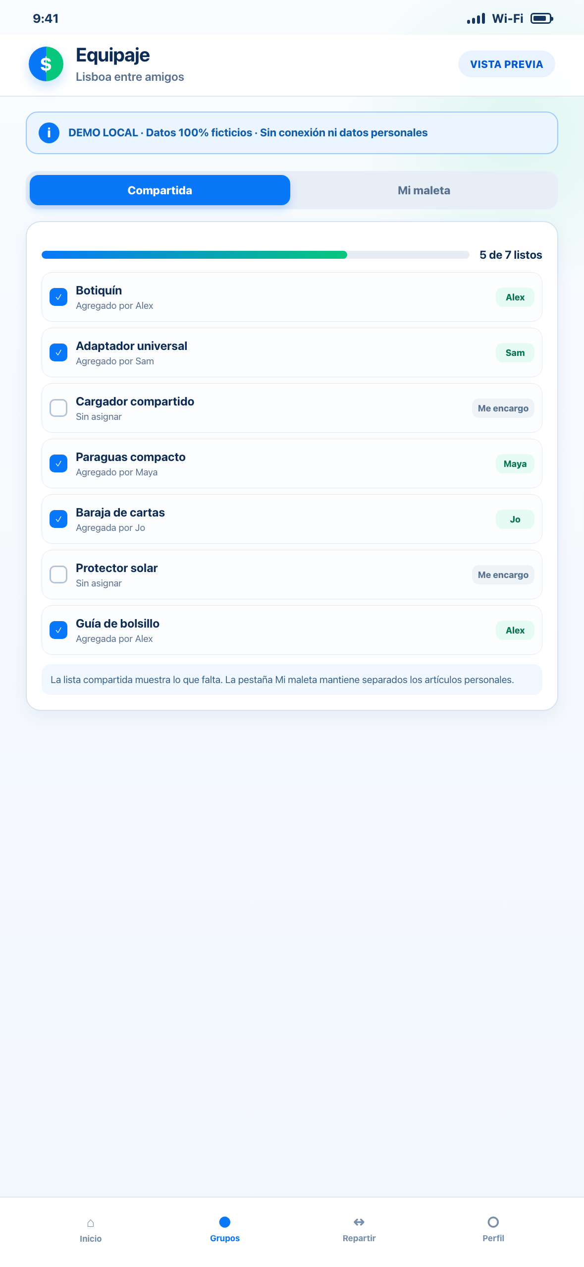 Demostración Web local en formato de teléfono de listas ficticias de equipaje personal y compartido con responsabilidades asignadas