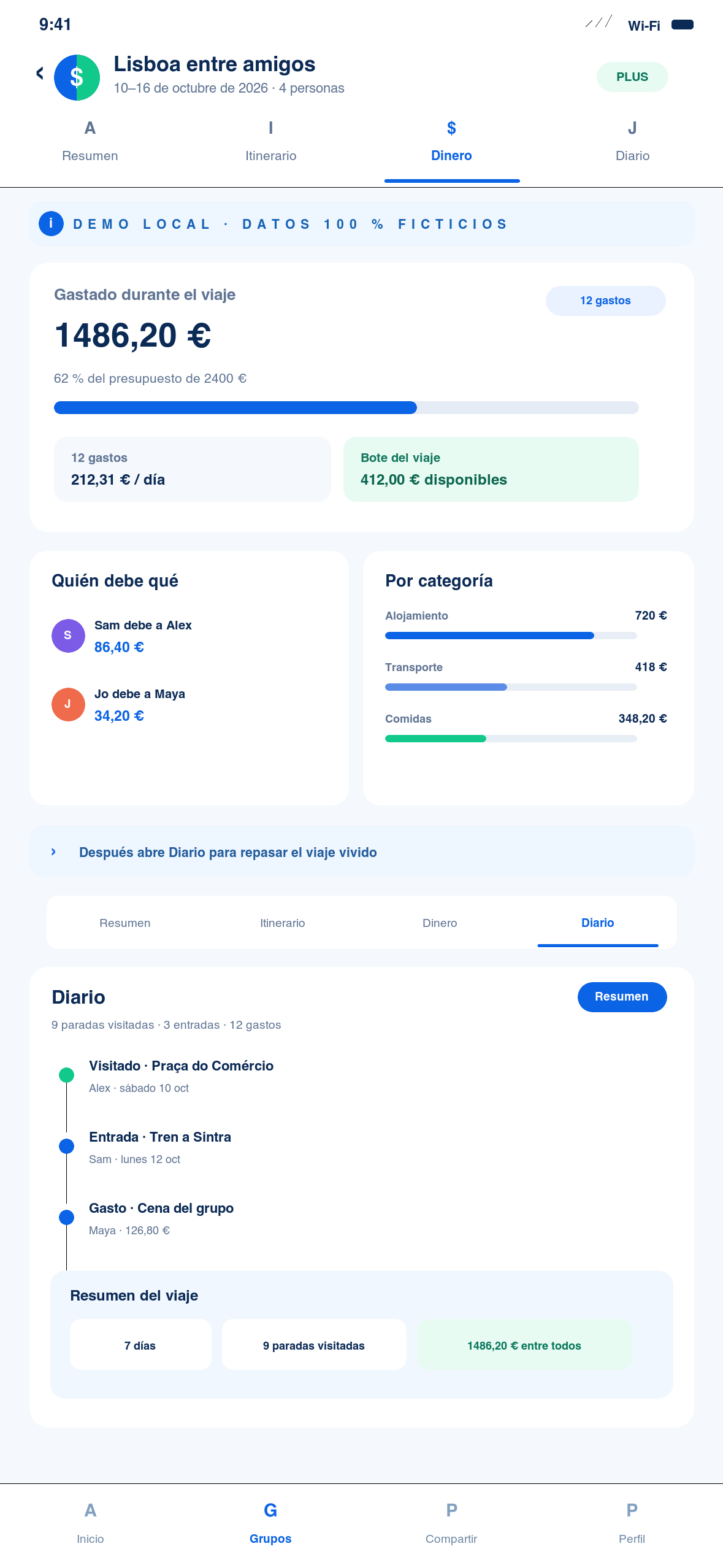 Pestañas Dinero y Diario de un viaje ficticio con presupuesto, saldos, visita y resumen