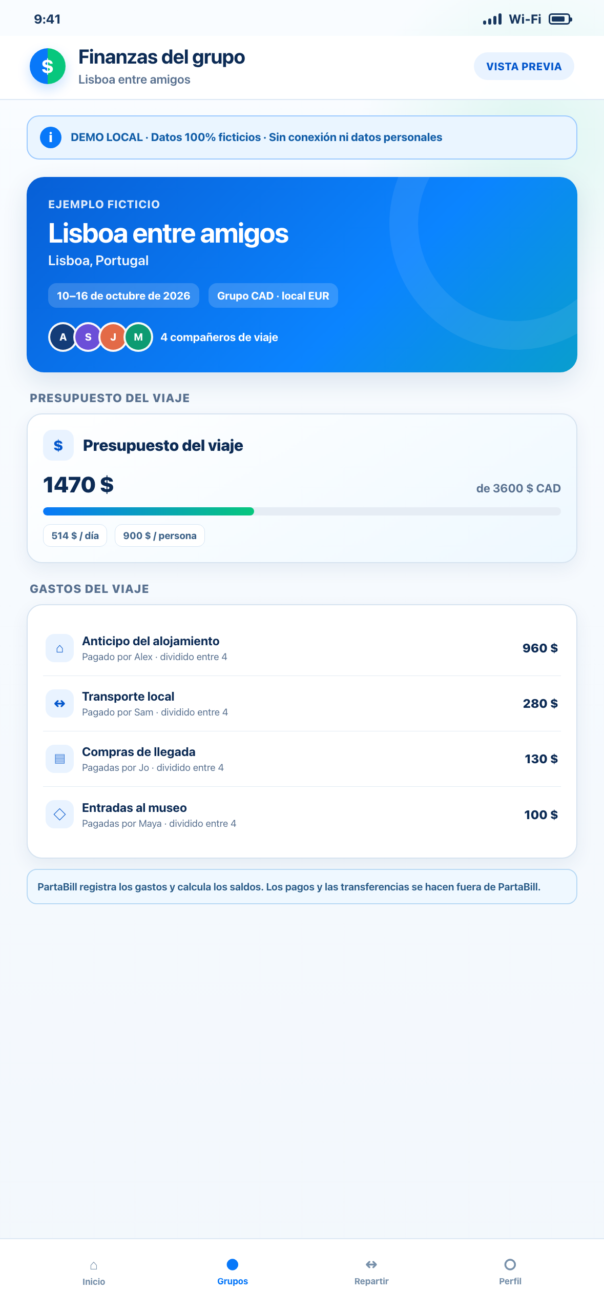 Demostración Web local en formato de teléfono de gastos de viaje ficticios en varias divisas, partes individuales y presupuesto restante