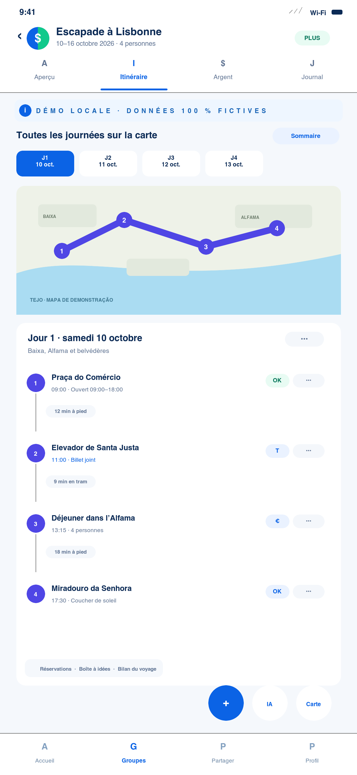 Itinéraire fictif à Lisbonne avec carte du voyage complet, journées colorées et arrêts numérotés