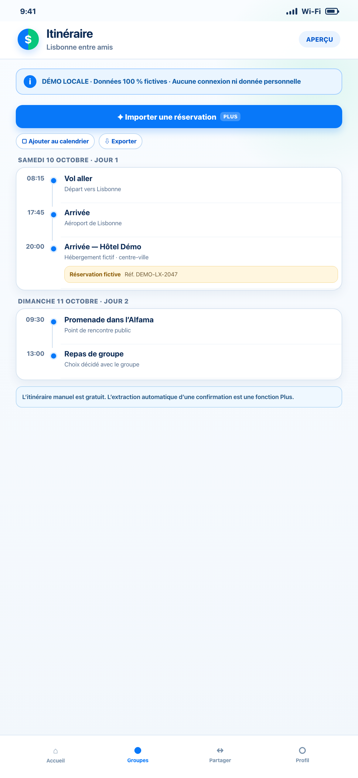 Démonstration Web locale au format téléphone d’un itinéraire fictif à Lisbonne avec étapes et référence de réservation non fonctionnelle