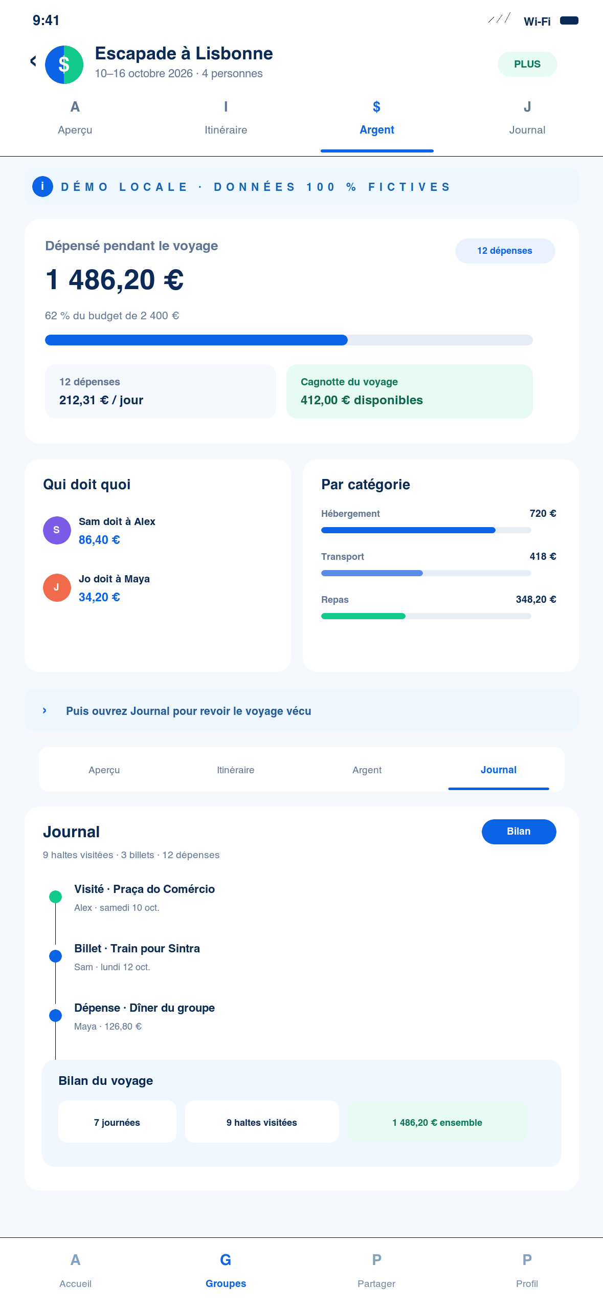 Onglets Argent et Journal d’un voyage fictif avec budget, soldes, visite et bilan