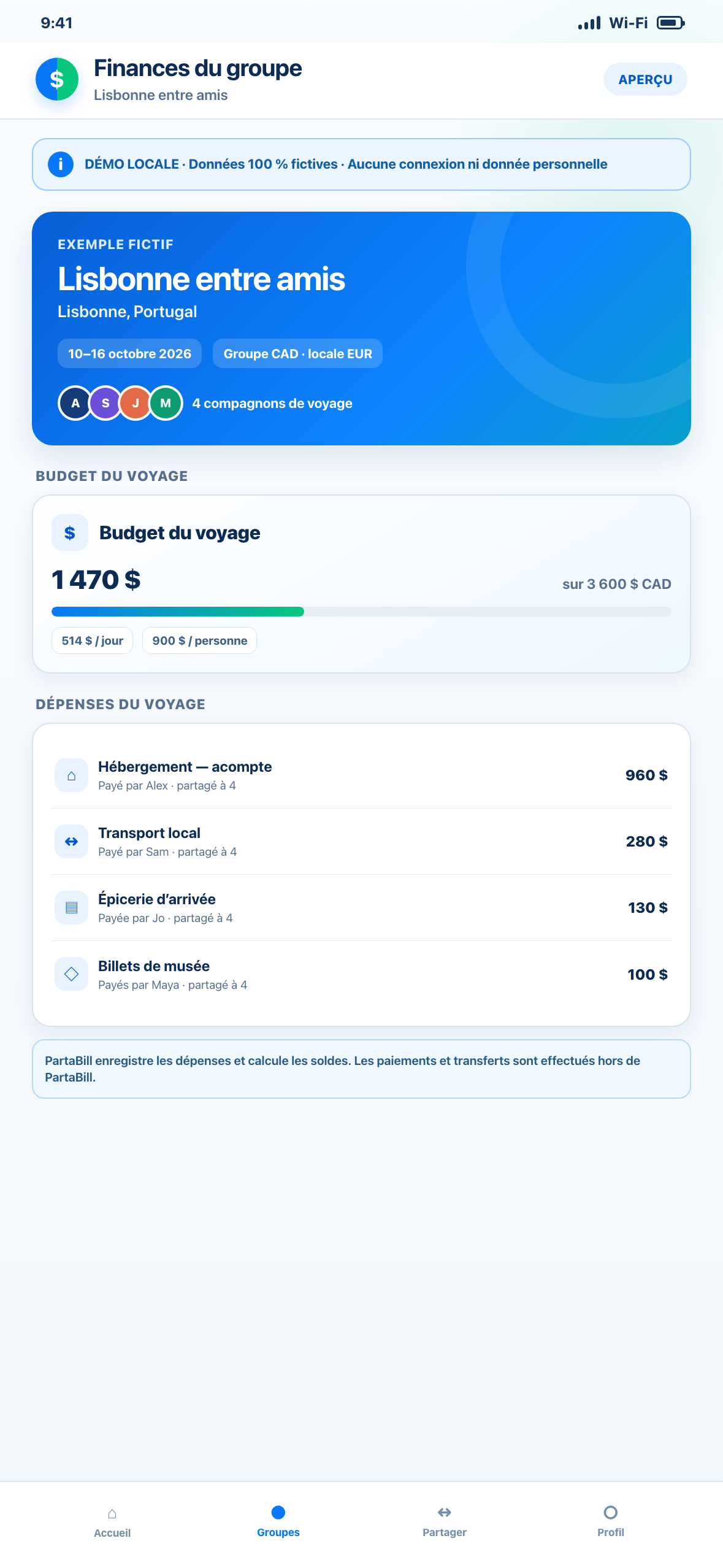 Démonstration Web locale au format téléphone d’un budget de voyage fictif avec dépenses partagées et montants en dollars canadiens