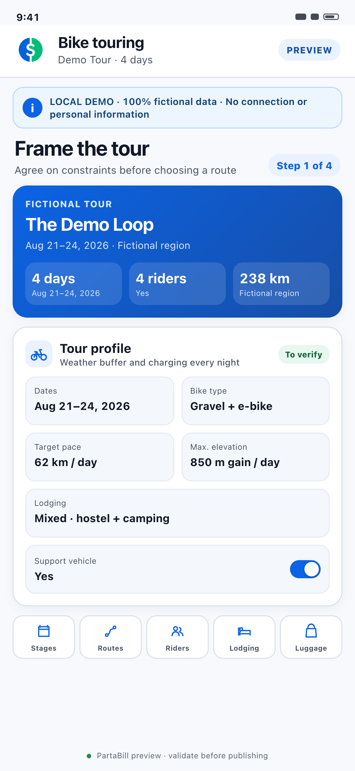 Phone-sized local Web demonstration showing a fictional bike tour profile with dates, region, bike type, target distance and elevation