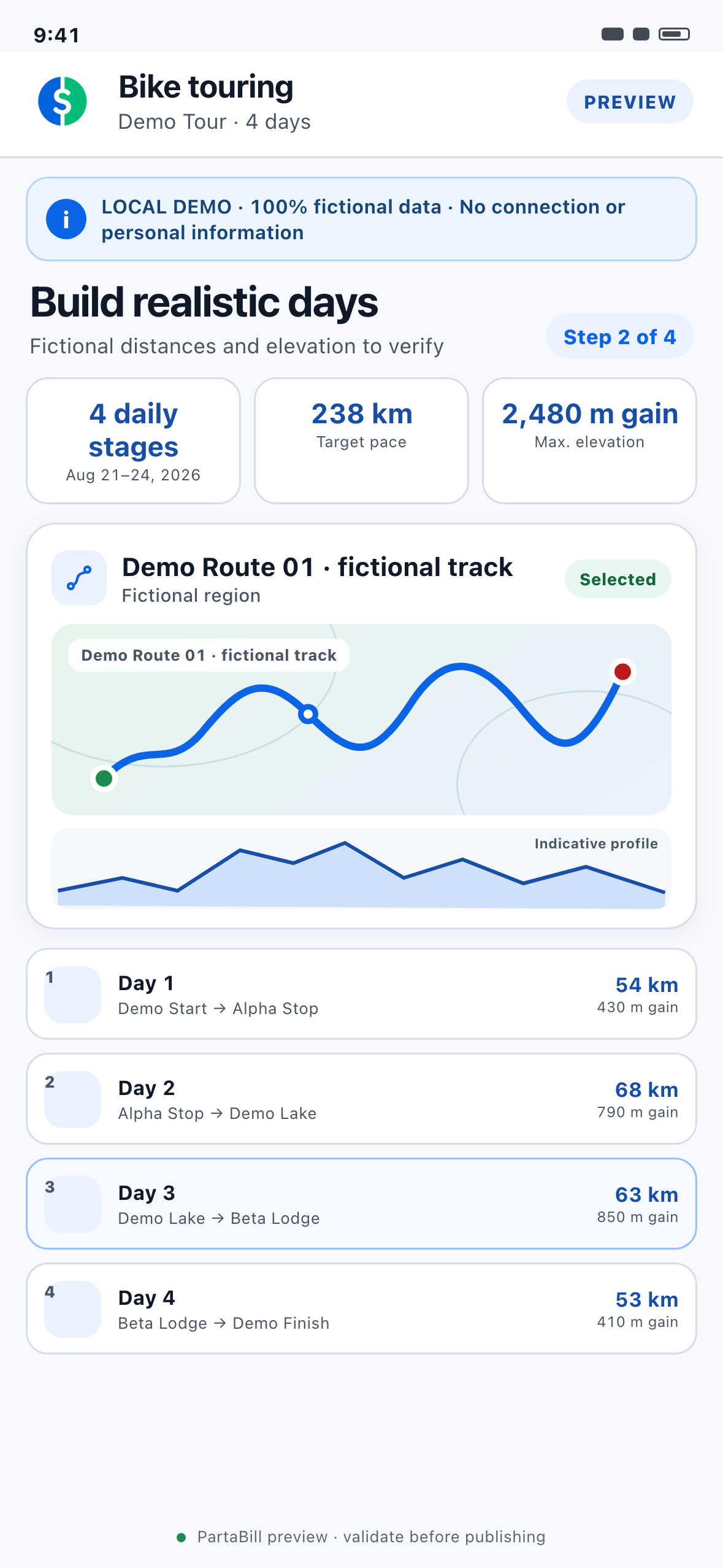 Phone-sized local Web demonstration showing fictional daily bike stages with distance, elevation and a route preview
