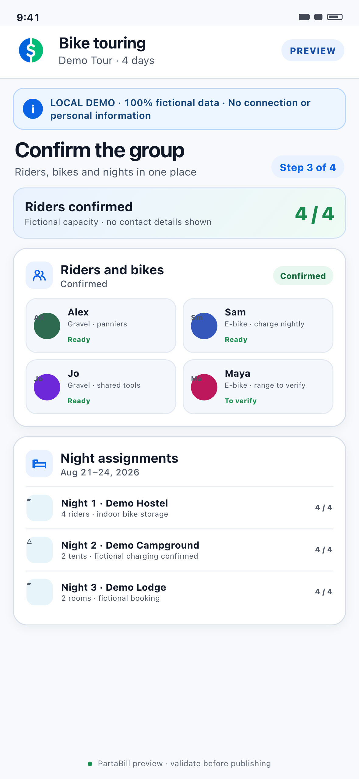 Phone-sized local Web demonstration showing fictional rider registration, capacity, waiting list and lodging assignments