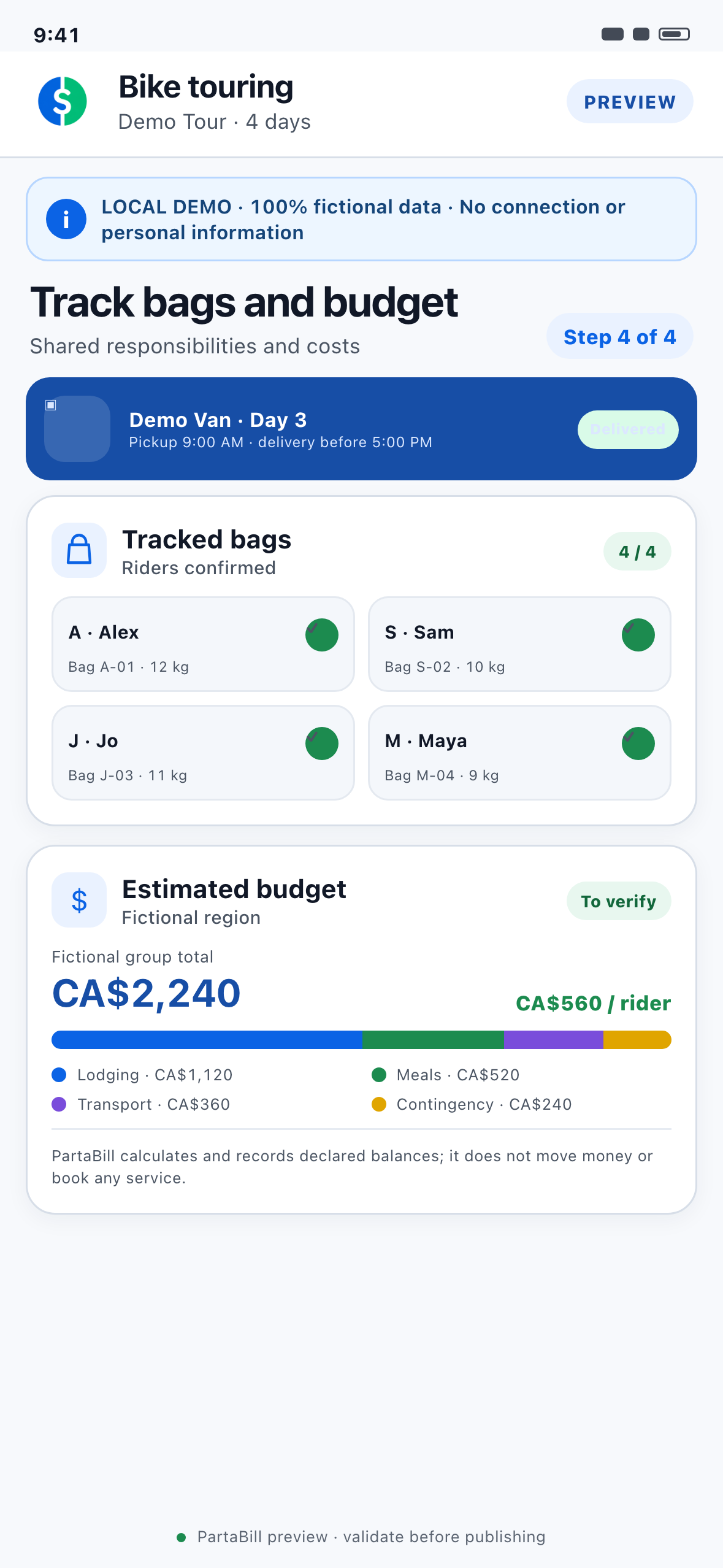 Phone-sized local Web demonstration showing luggage transfer status and a fictional per-person bike tour budget
