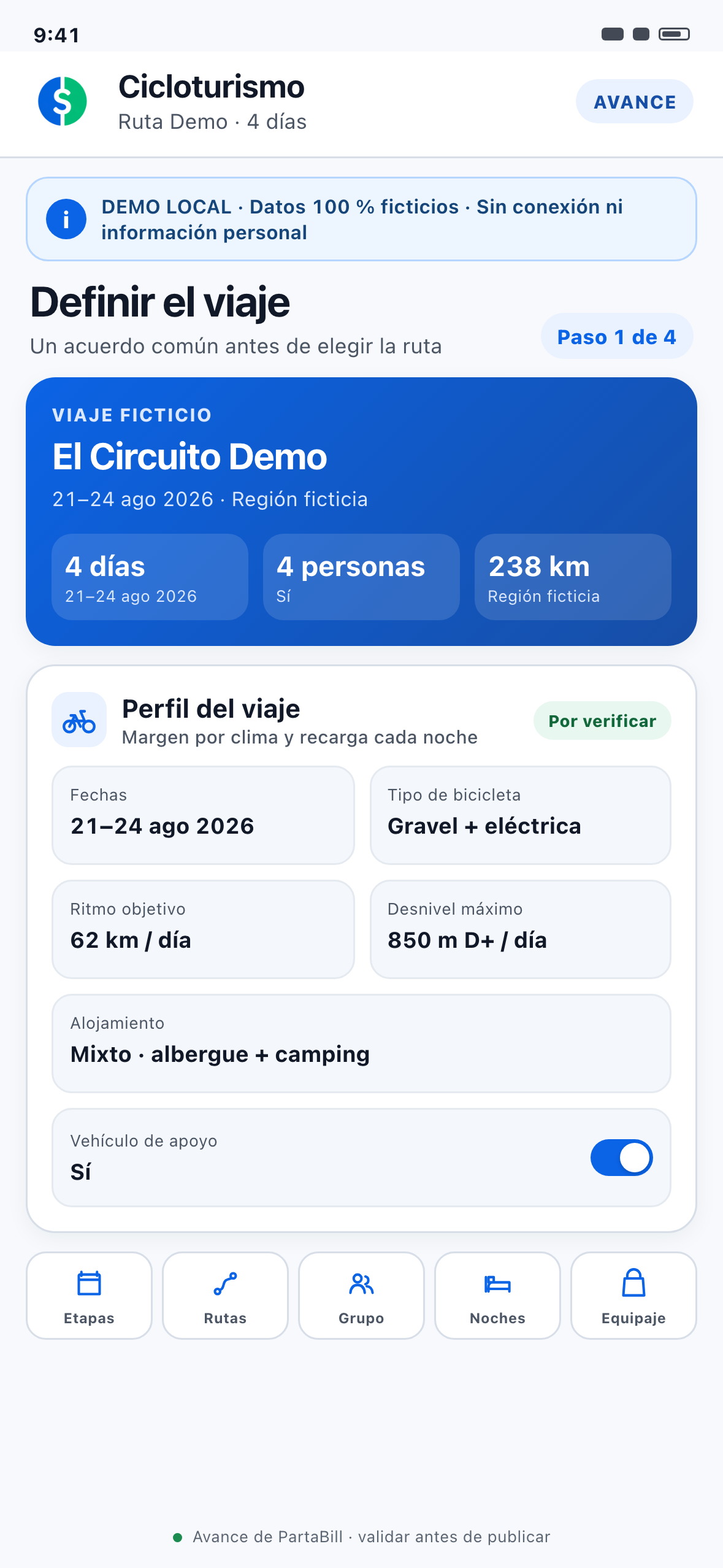Demostración Web local con formato de teléfono para definir el perfil ficticio de un viaje en bicicleta en grupo