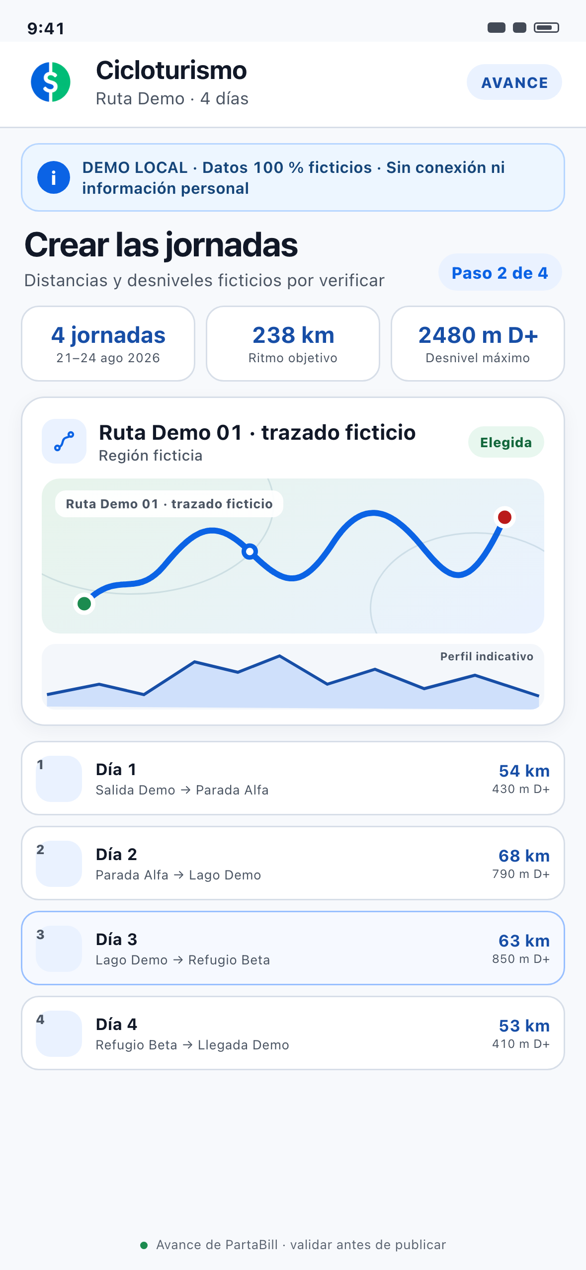 Demostración Web local con formato de teléfono del cuaderno de ruta y etapas diarias ficticias