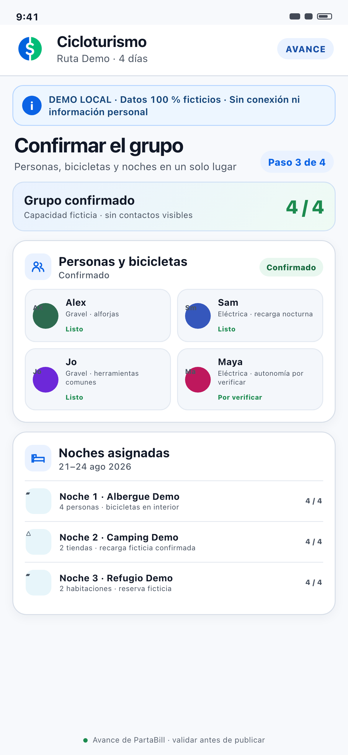 Demostración Web local con formato de teléfono y ciclistas, bicicletas, autonomía y alojamientos ficticios
