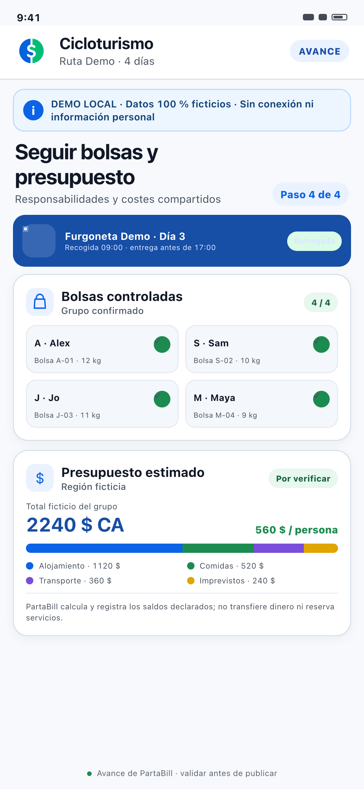 Demostración Web local con formato de teléfono y equipaje, responsables, presupuesto y gastos ficticios