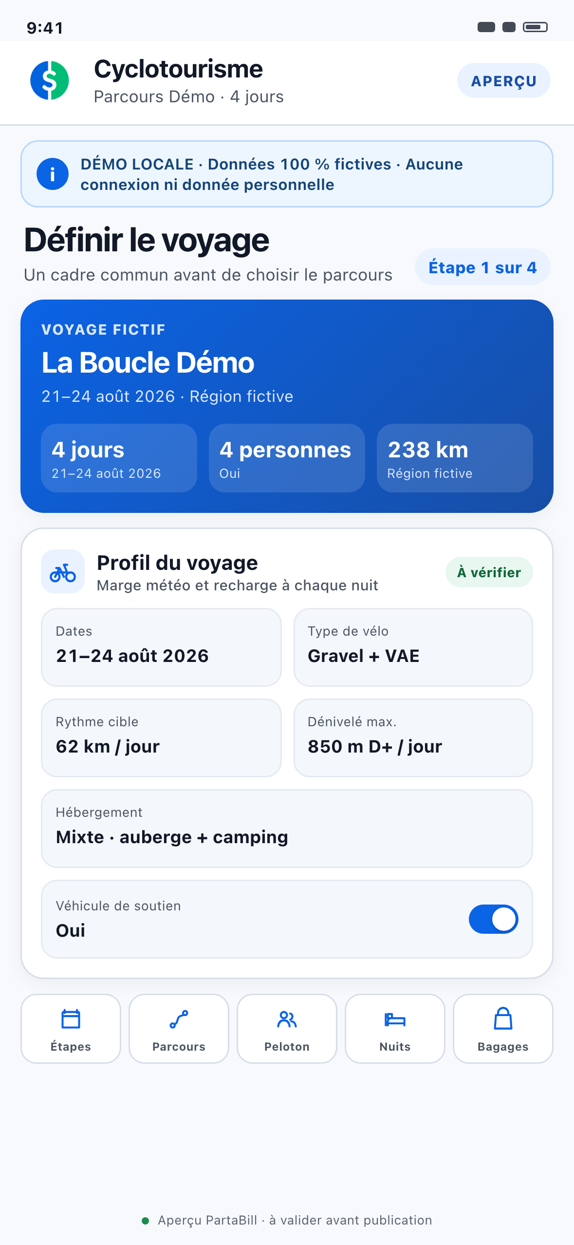 Démonstration Web locale au format téléphone d’un profil fictif de voyage à vélo avec dates, rythme et contraintes du groupe