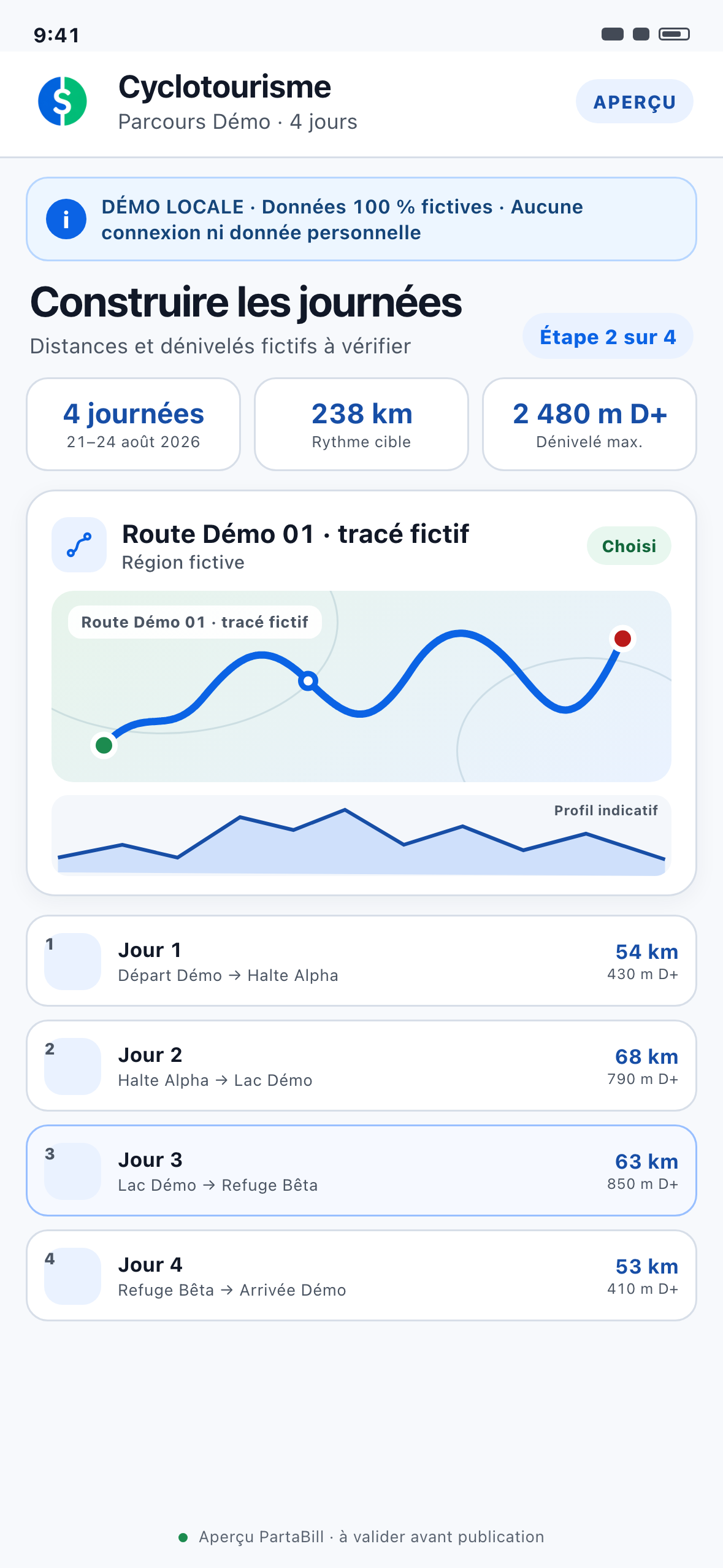 Démonstration Web locale au format téléphone d’étapes fictives avec distances, dénivelés, départs et arrivées