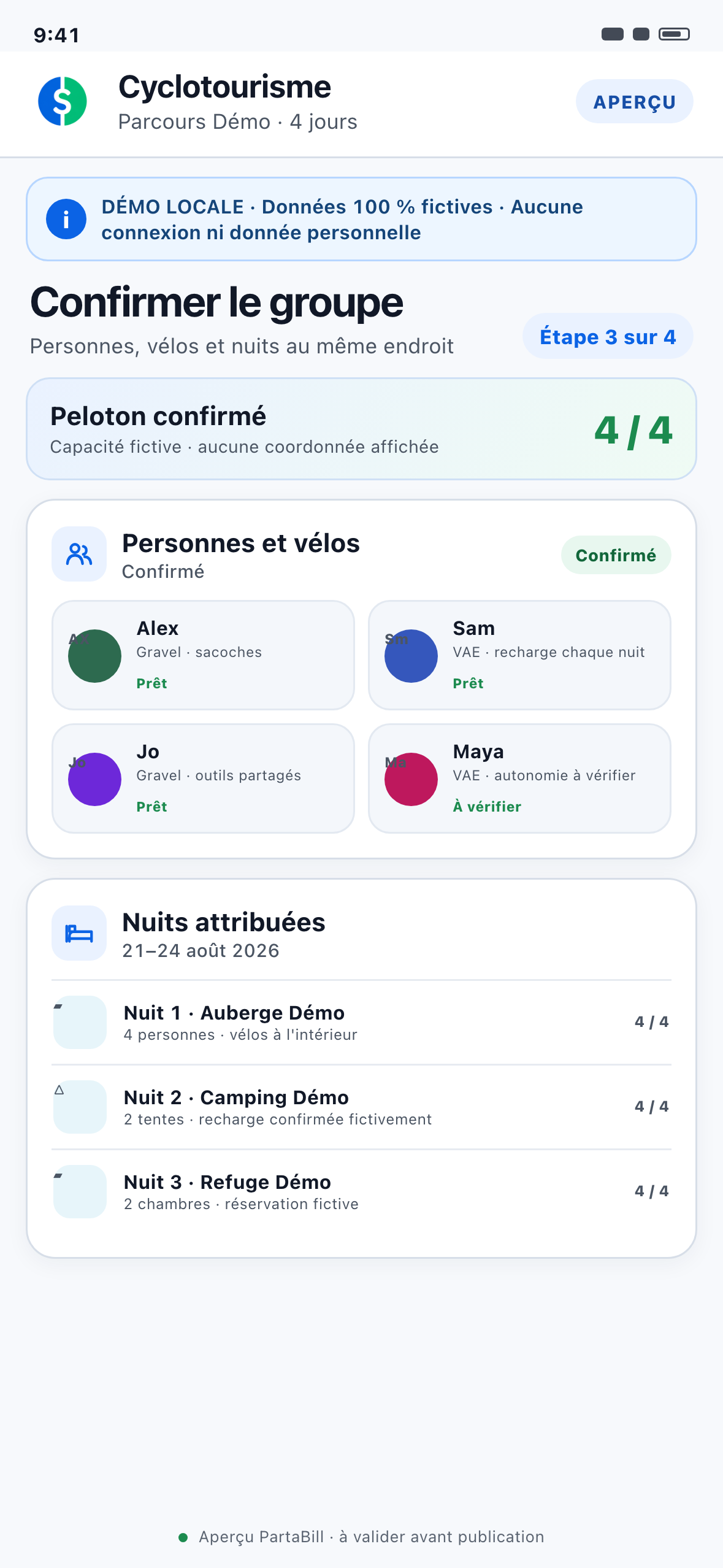 Démonstration Web locale au format téléphone d’un groupe fictif reliant cyclistes, hébergements et besoins particuliers