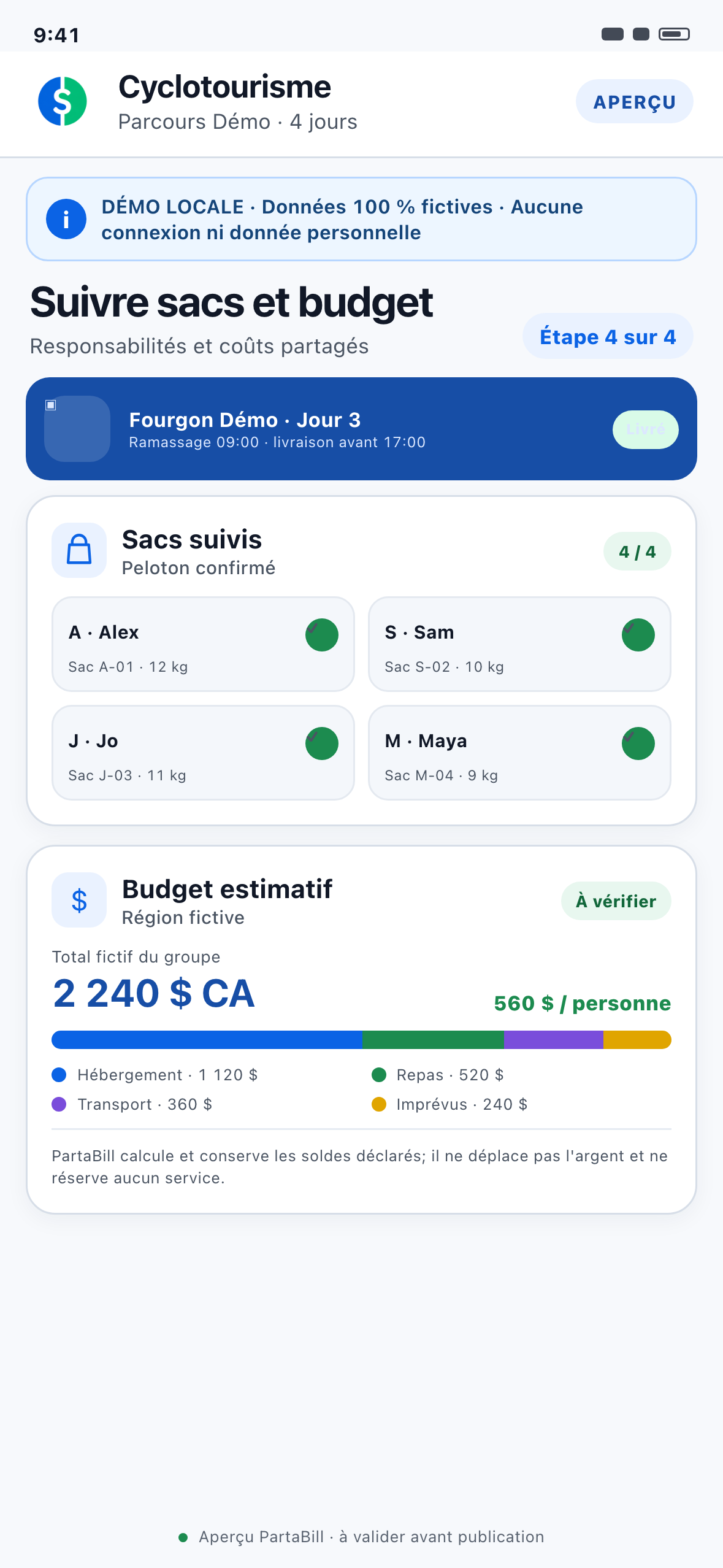 Démonstration Web locale au format téléphone d’une liste fictive de bagages et d’un budget de voyage partagé