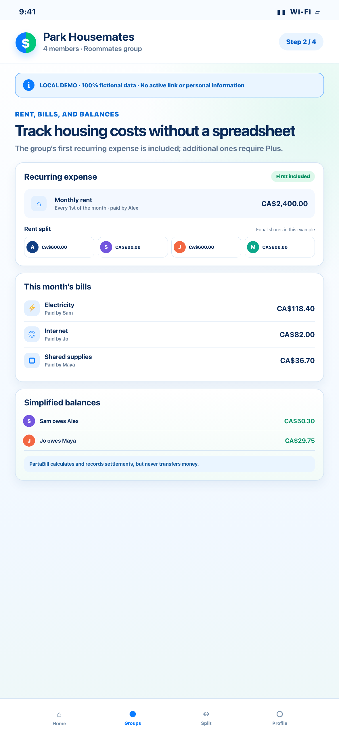 Local phone-sized Web demonstration of fictional recurring rent, household bills, and roommate balances