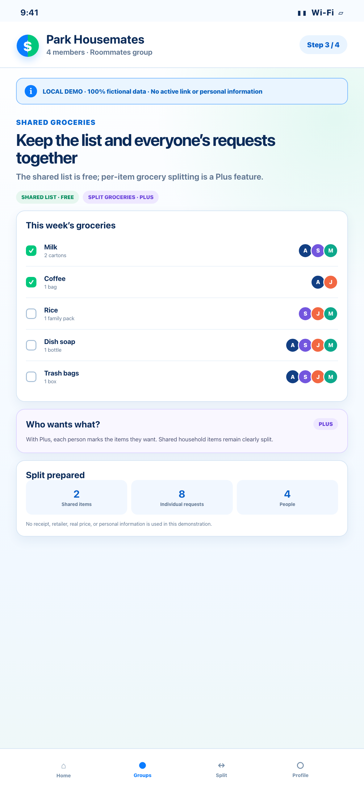 Local phone-sized Web demonstration of a fictional grocery list showing who wants each item
