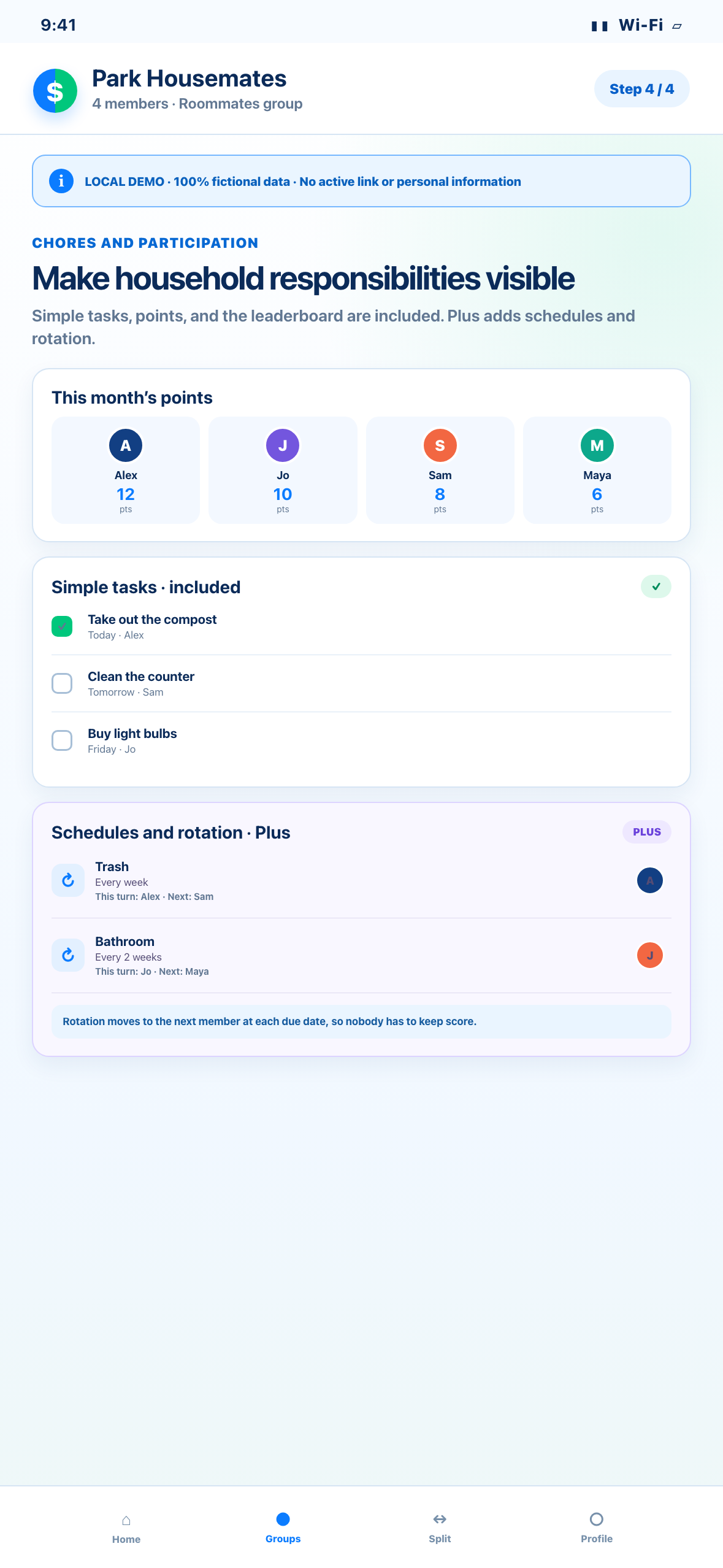 Local phone-sized Web demonstration of fictional chores, points, a leaderboard, and rotations